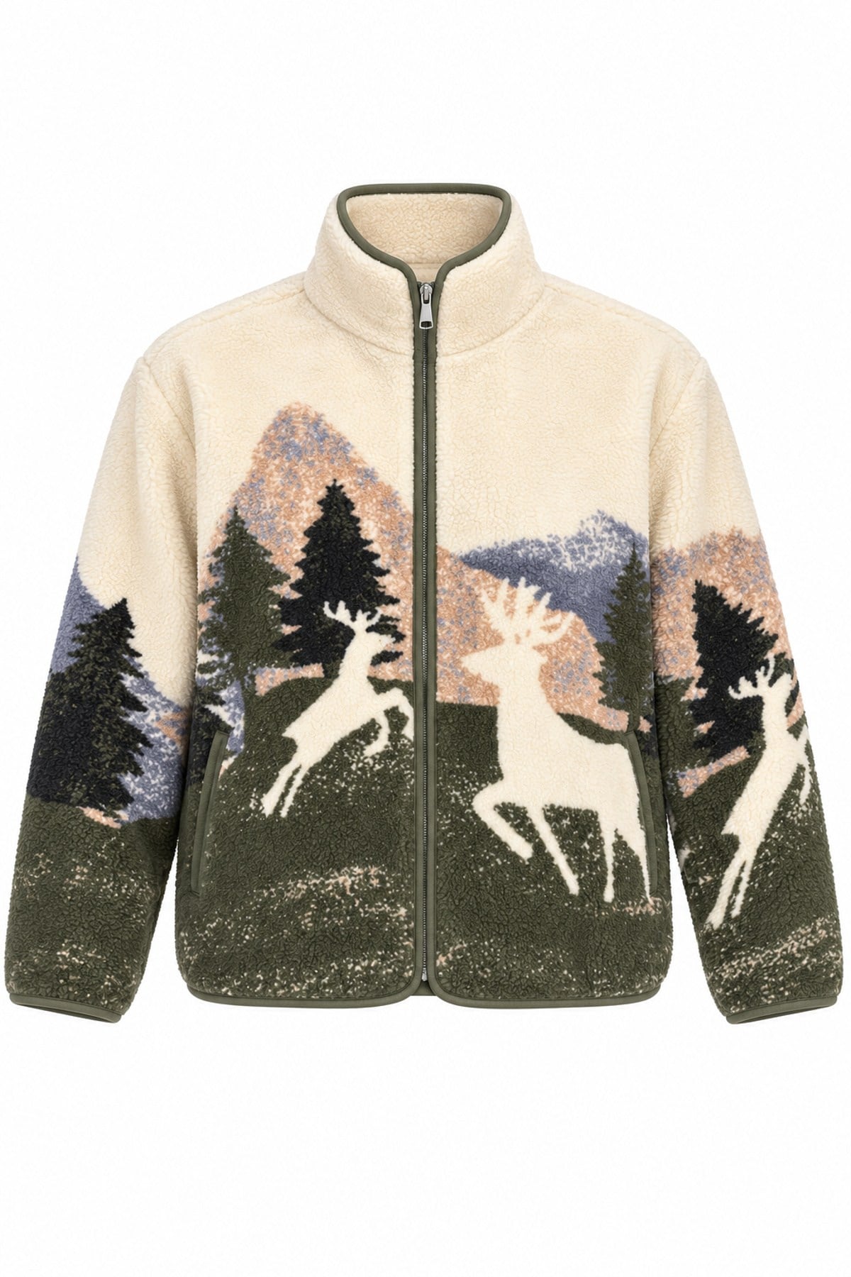 Ekru Haki Dağ ve Geyik Desenli Polar Sweatshirt