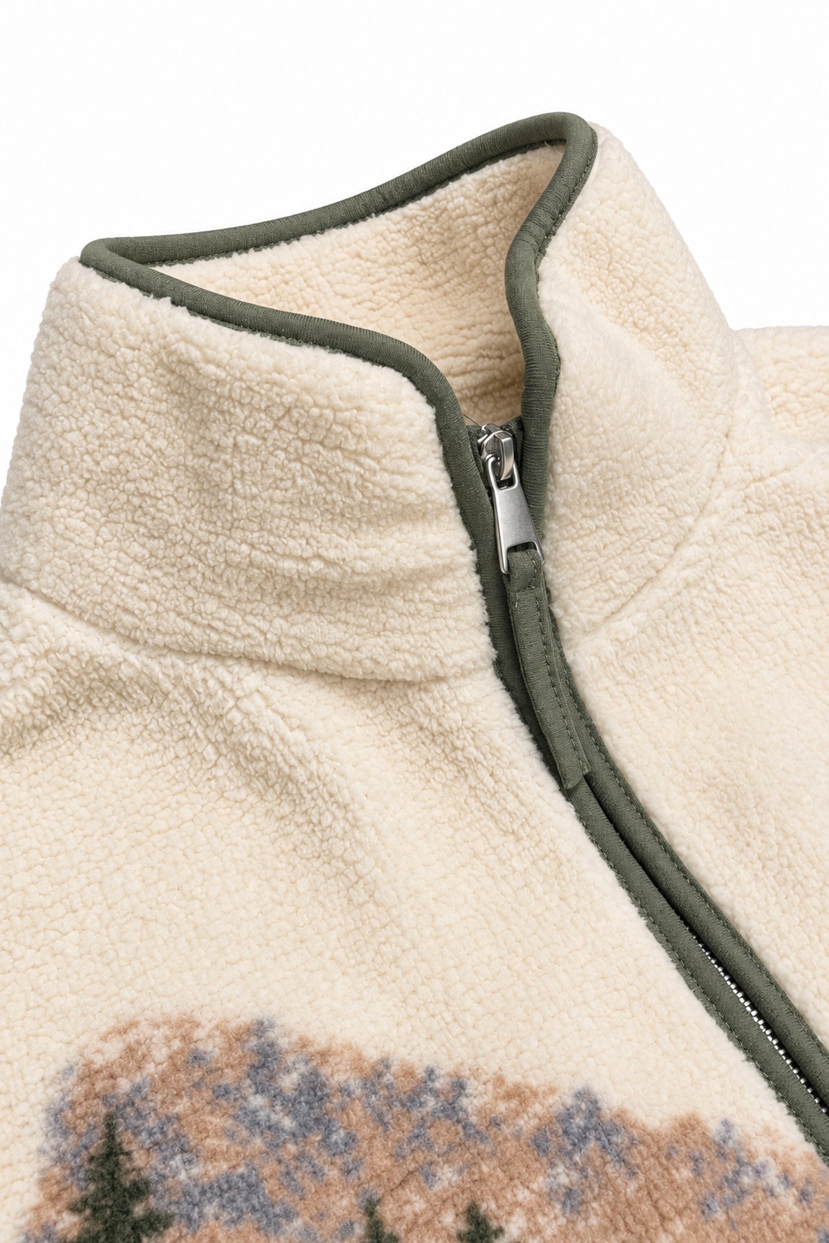 Ekru Haki Dağ ve Geyik Desenli Polar Sweatshirt
