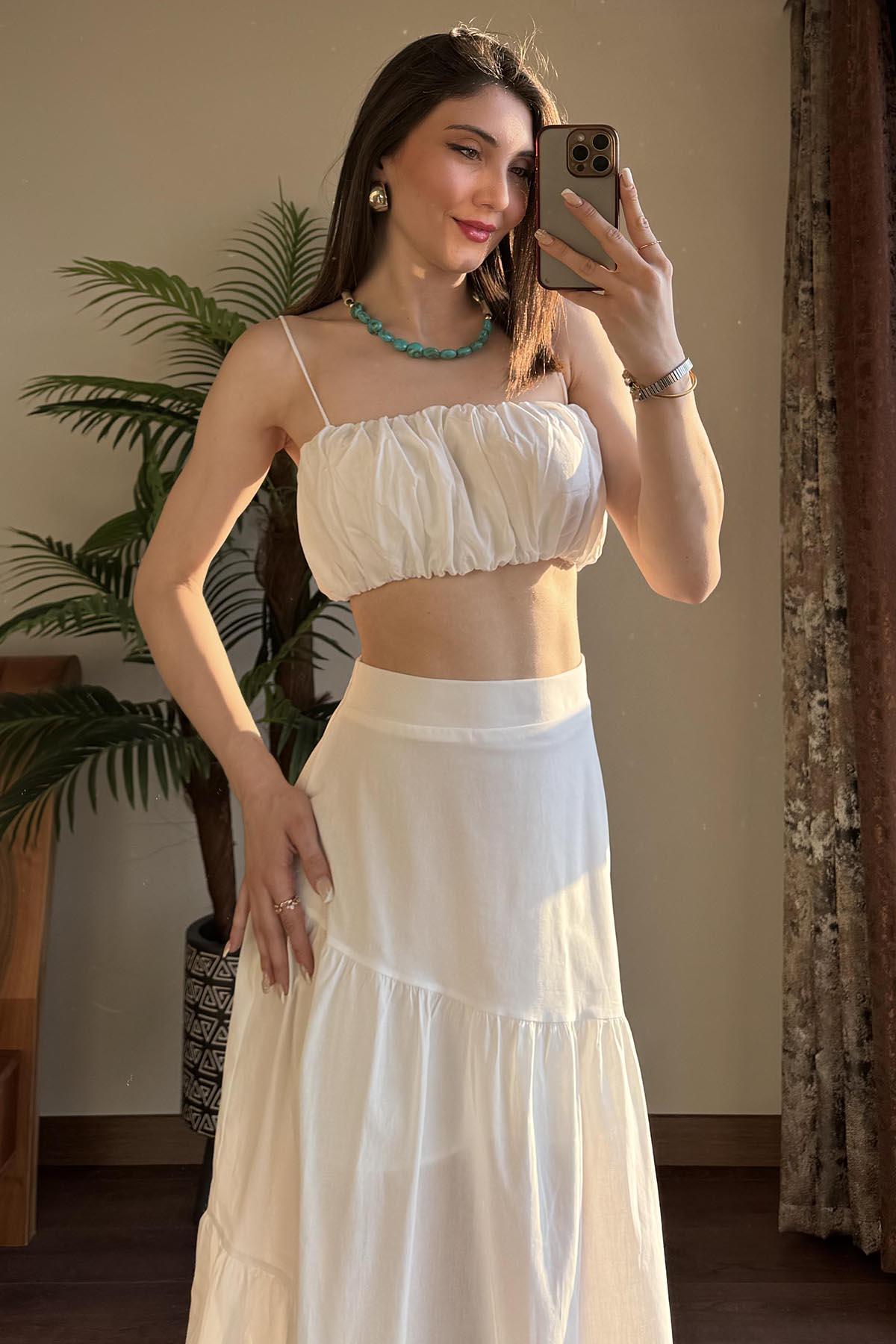 Ekru İp Askılı Crop Bluz