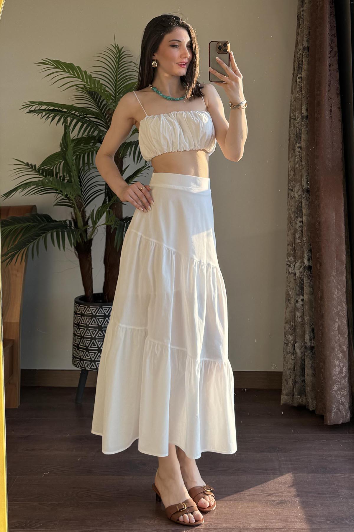Ekru İp Askılı Crop Bluz