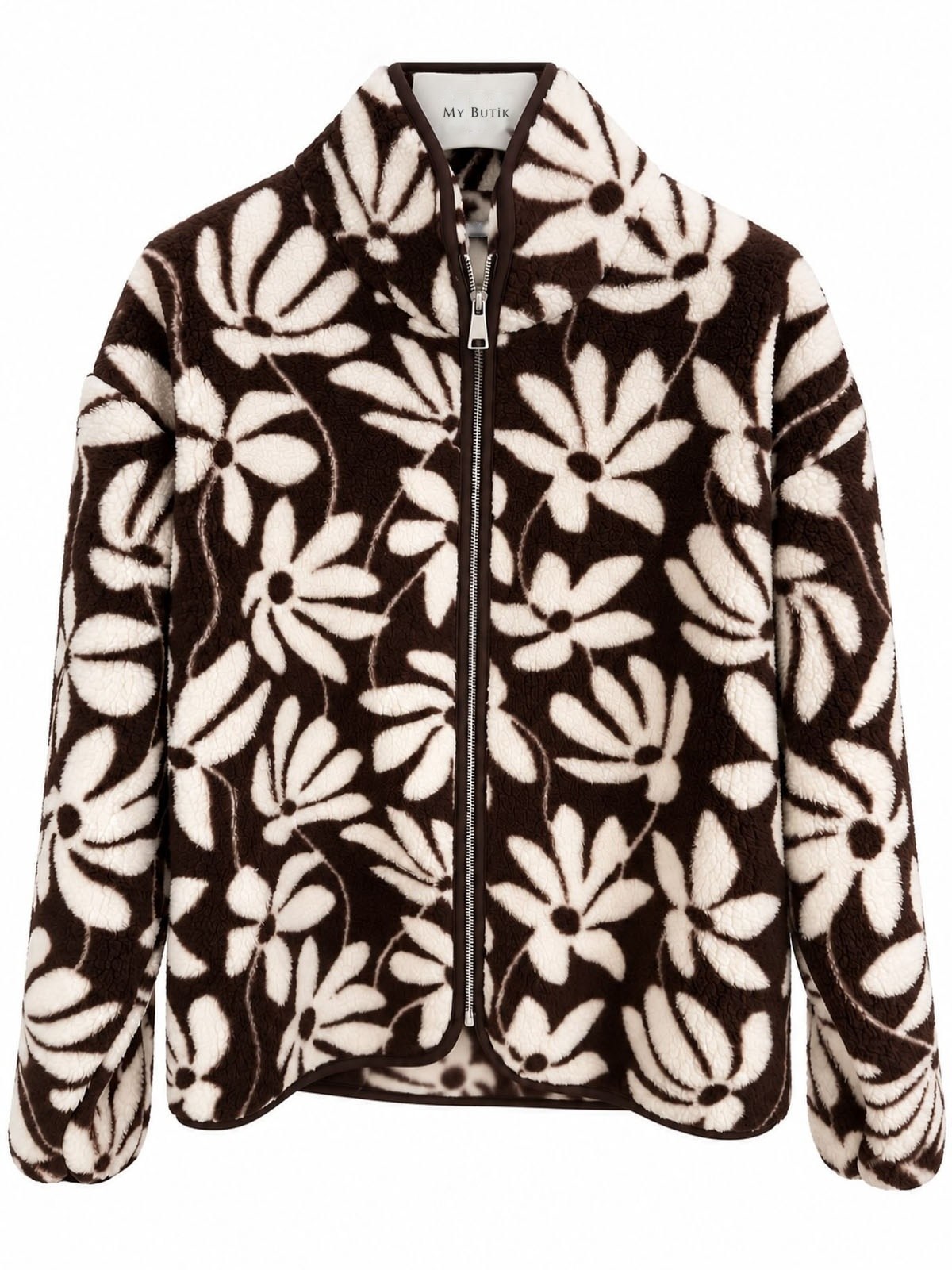 Ekru Kahve Çiçek Desenli Fermuarlı Polar Sweatshirt