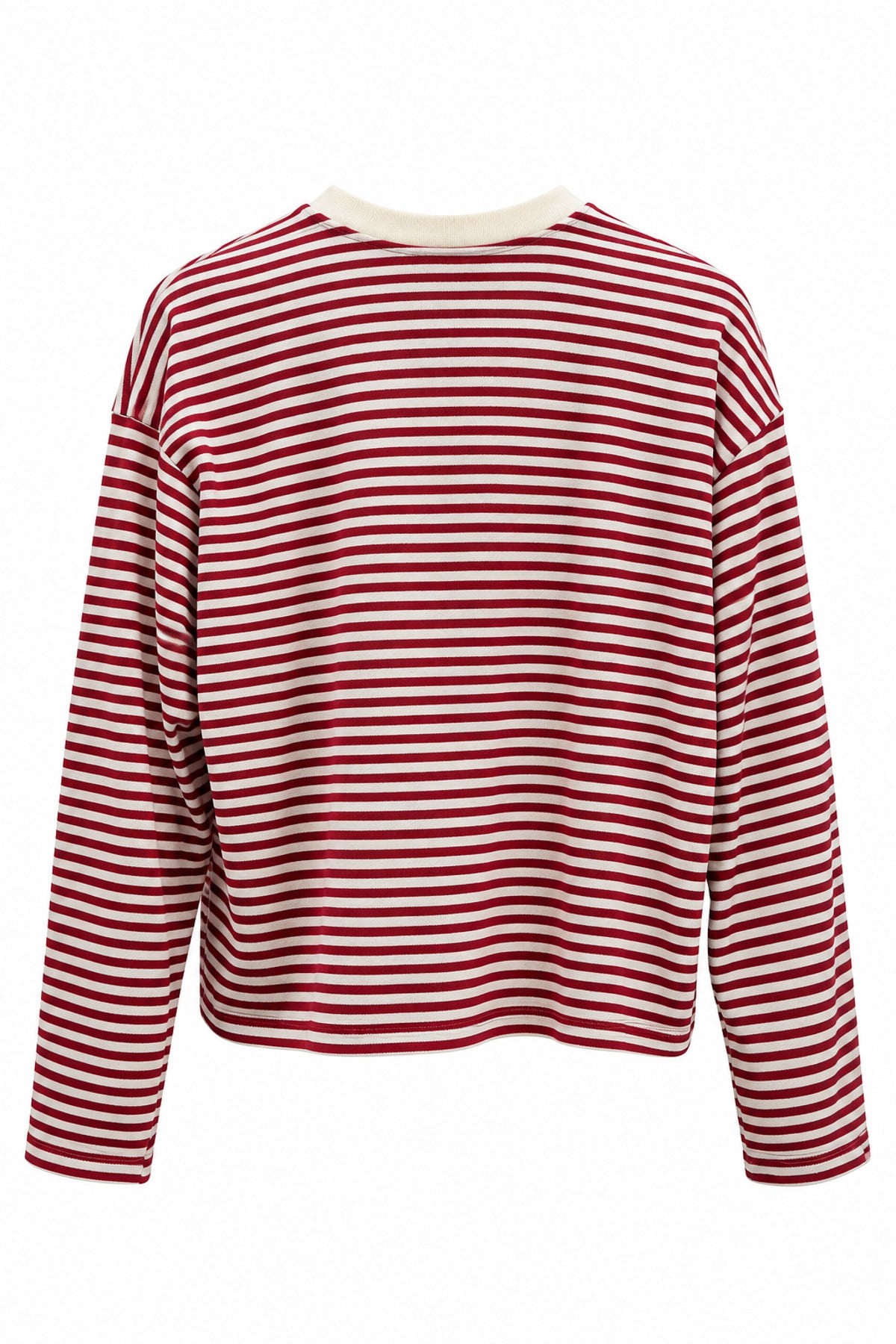 Ekru Kırmızı Çizgili Geniş Kollu Bluz