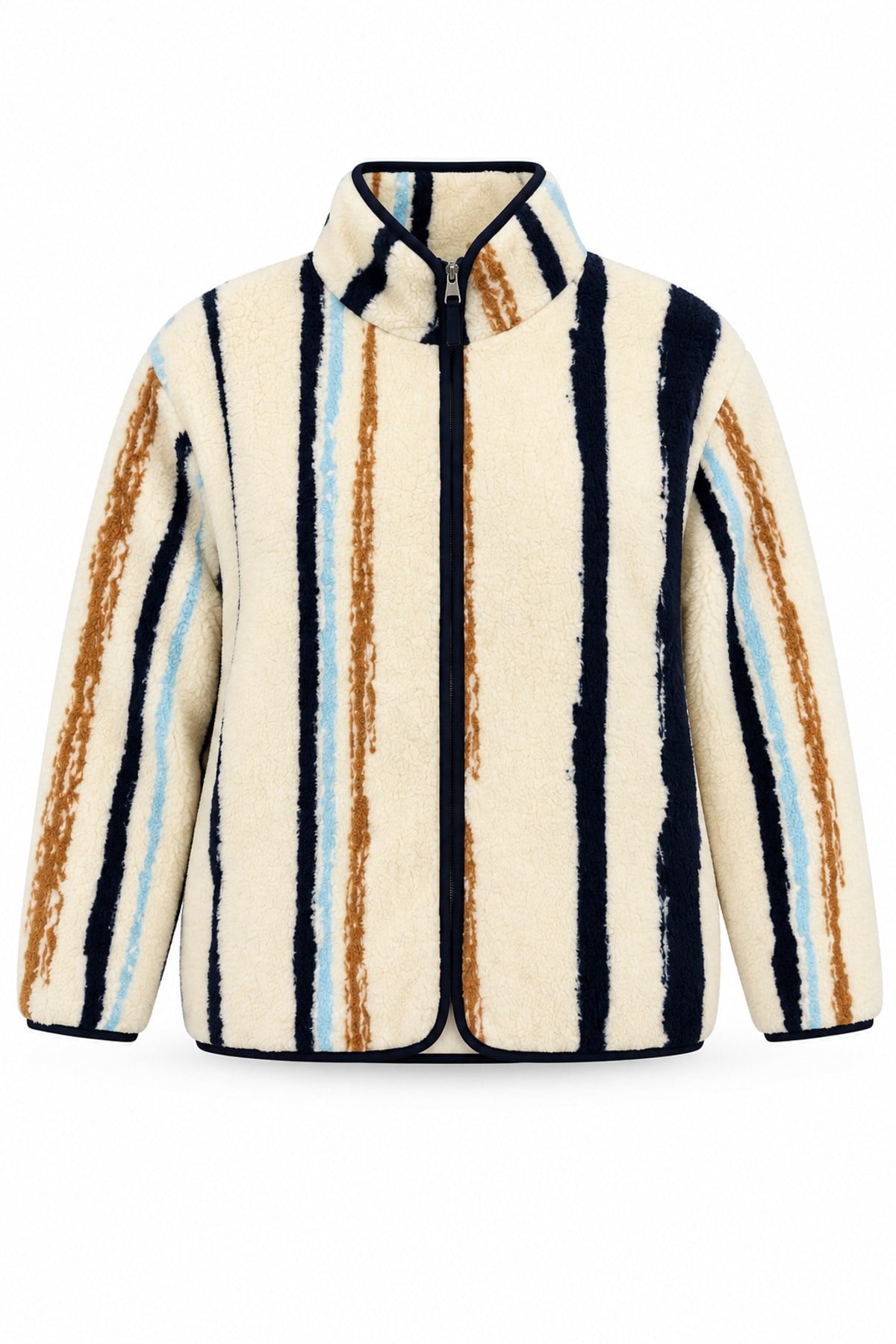 Ekru Lacivert Çizgi Desenli Polar Sweatshirt