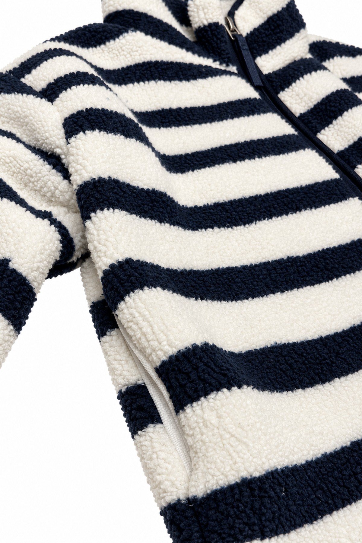 Ekru Lacivert Yatay Çizgili Fermuarlı Polar Sweatshirt