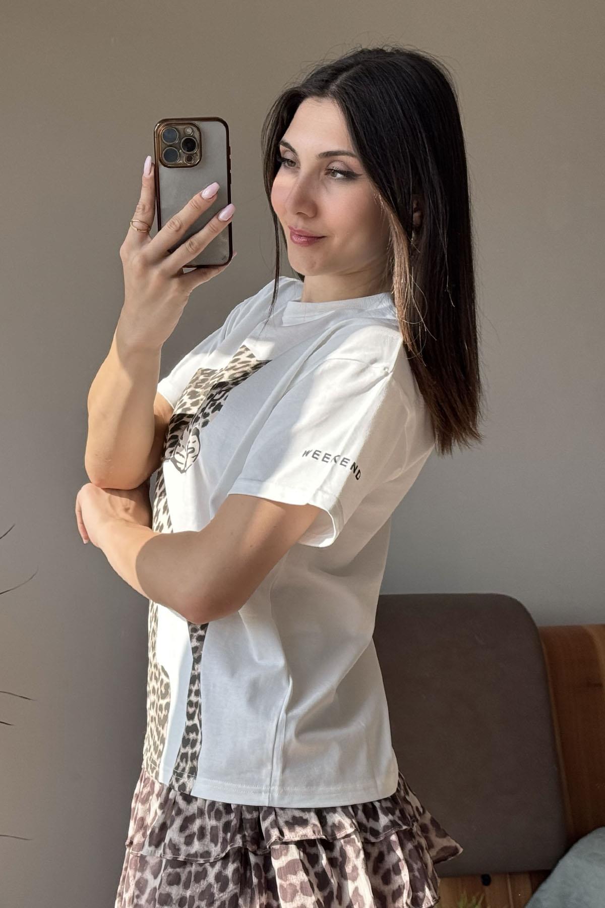 Ekru Leopar Nakışlı T Shirt