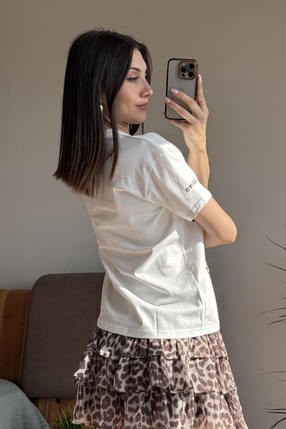Ekru Leopar Nakışlı T Shirt