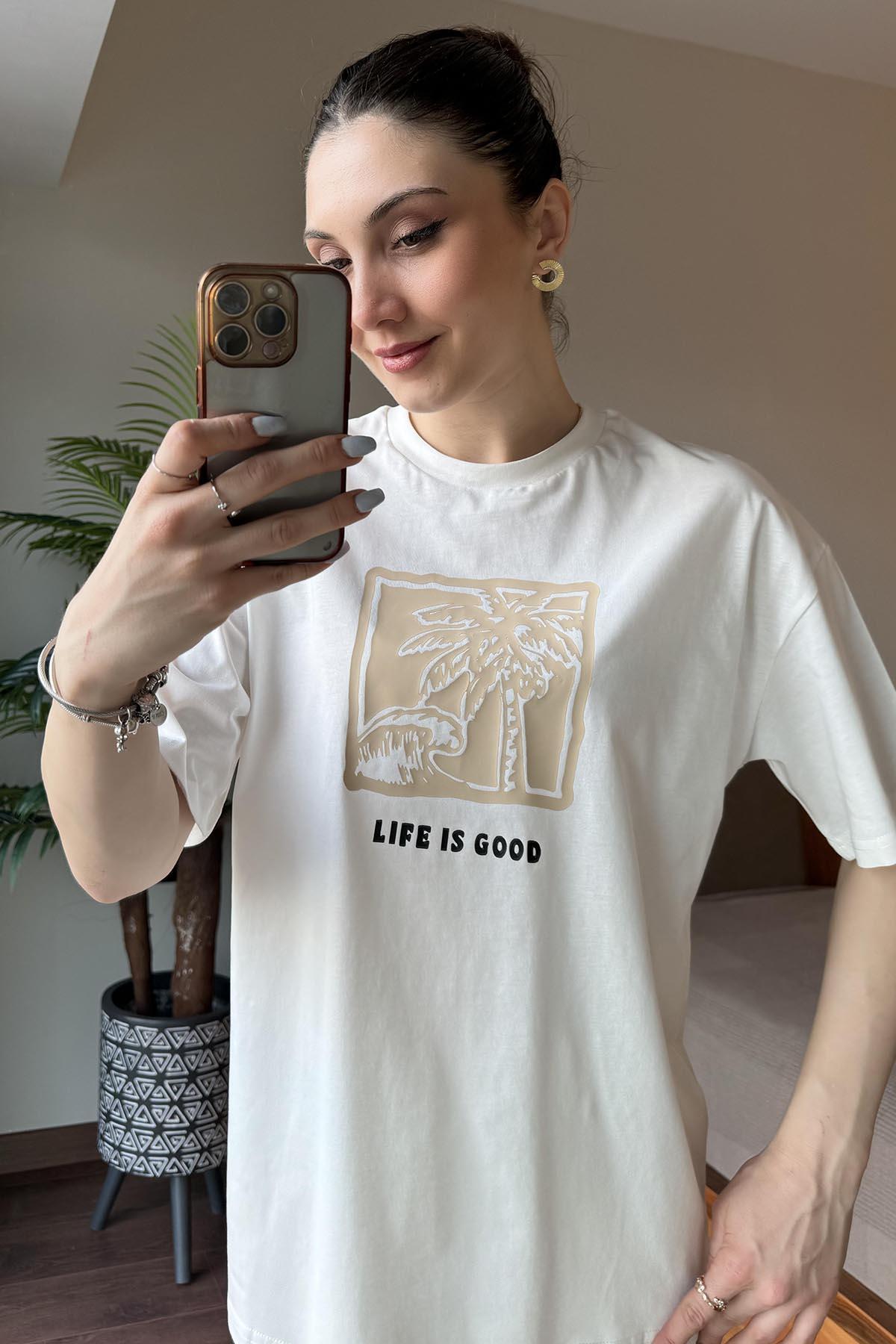 Ekru Life is Good Baskılı T Shirt