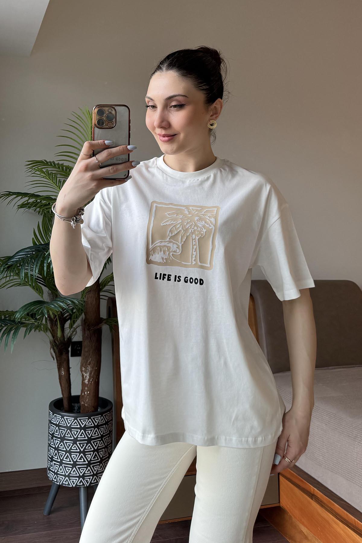 Ekru Life is Good Baskılı T Shirt