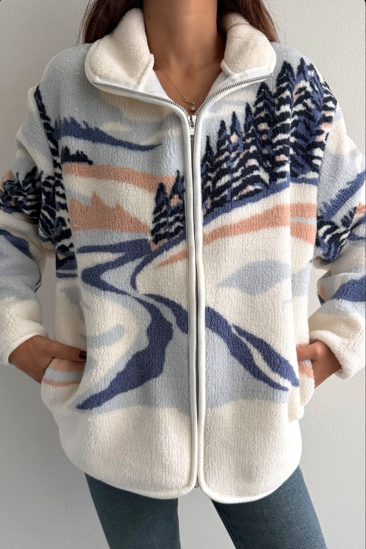 Ekru Mavi Desenli Fermuarlı Sweatshirt