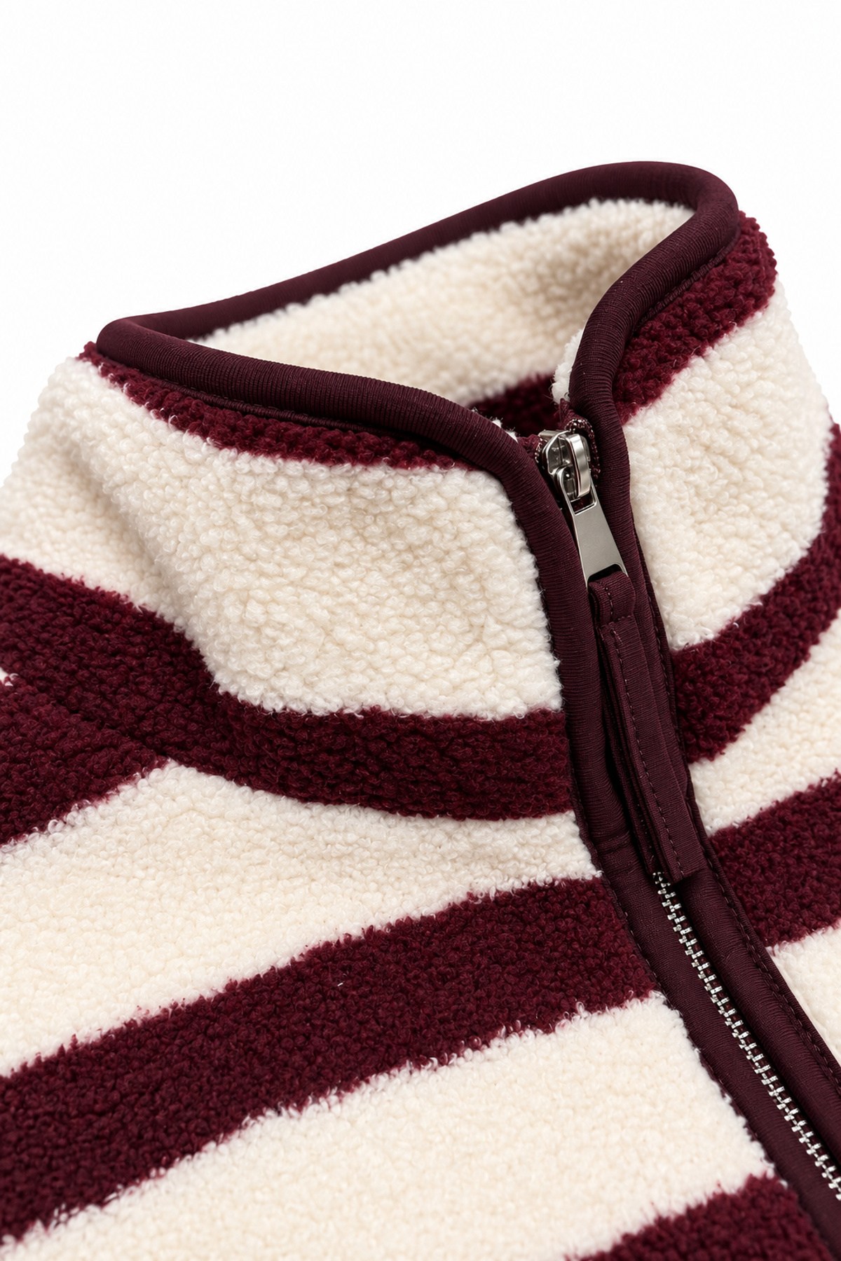 Ekru Mütrdüm Yatay Çizgili Fermuarlı Polar Sweatshirt
