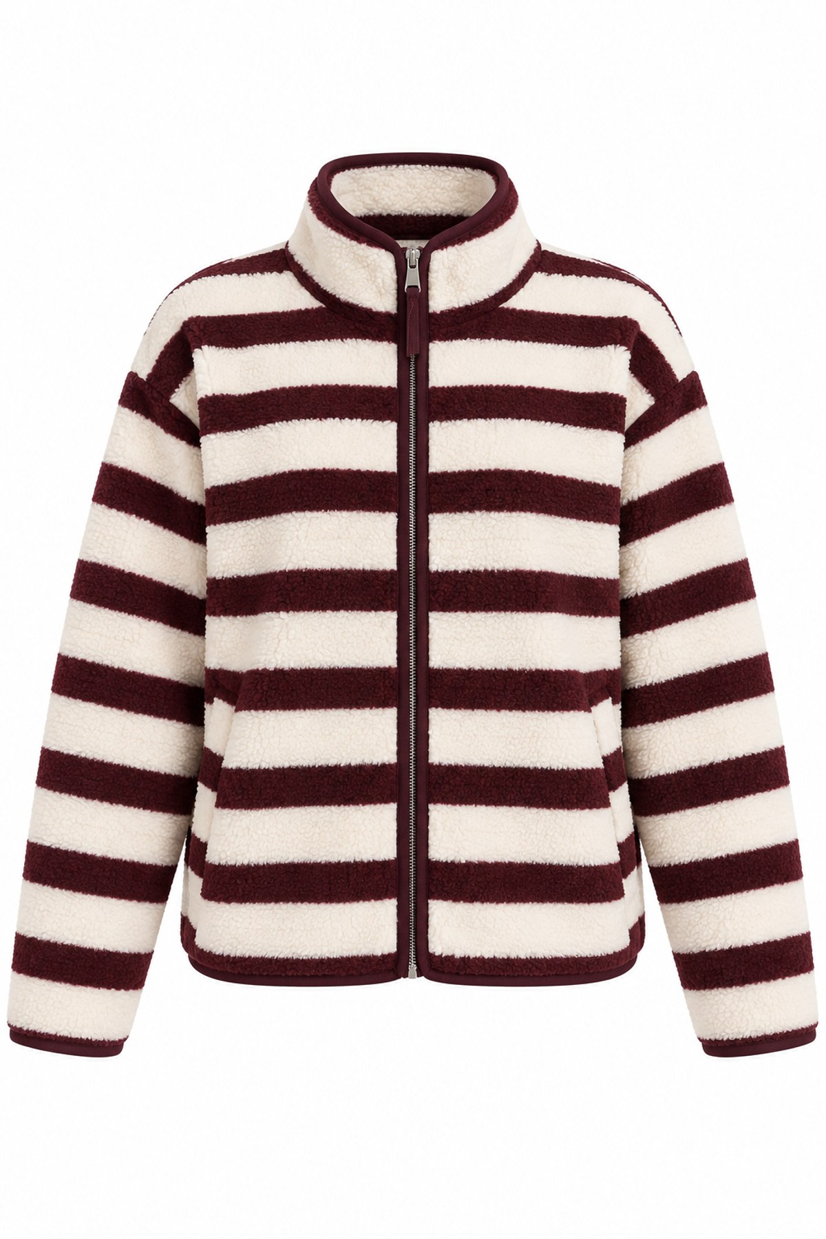 Ekru Mütrdüm Yatay Çizgili Fermuarlı Polar Sweatshirt