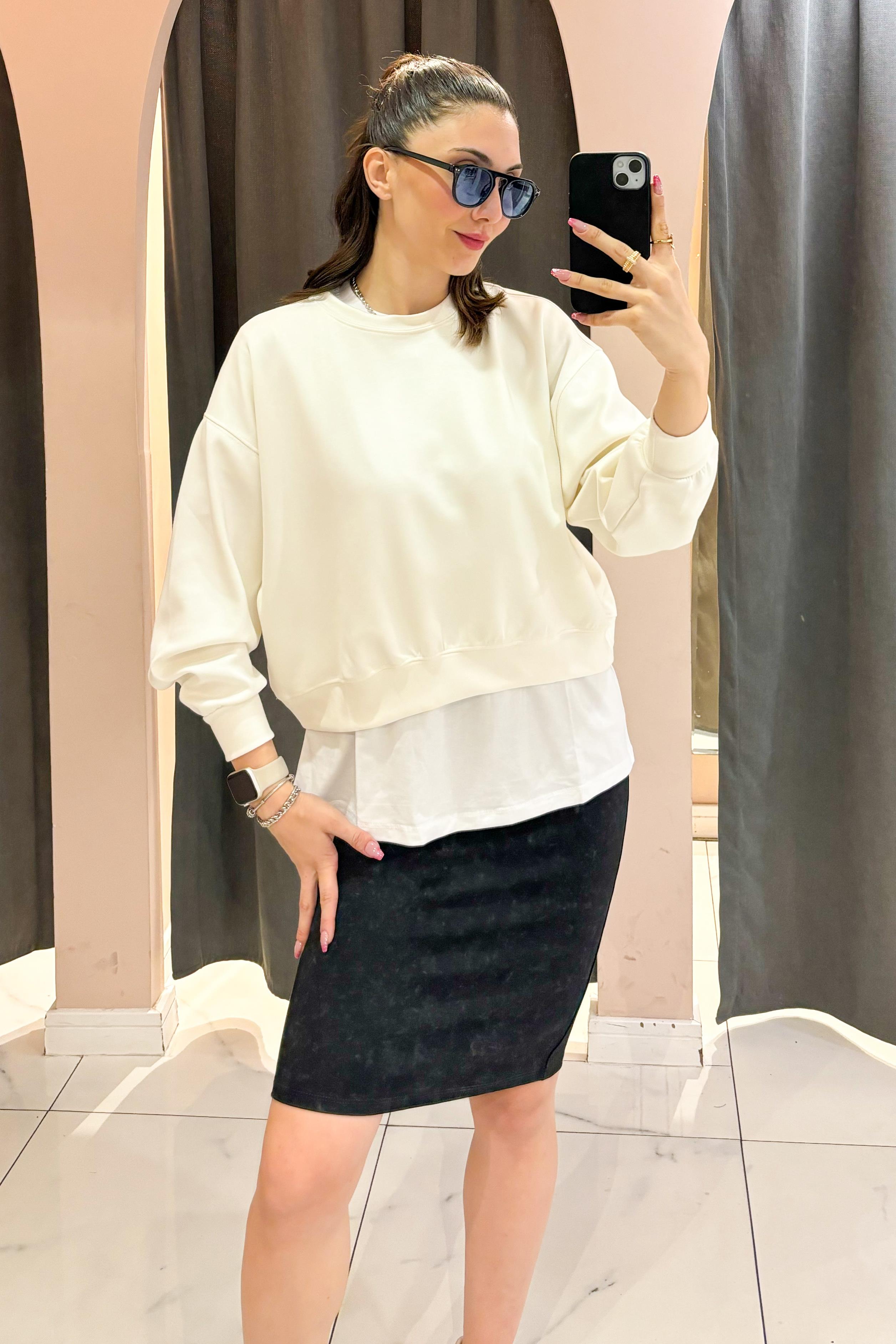 Ekru OYS Bisiklet Yaka Crop Sweatshirt