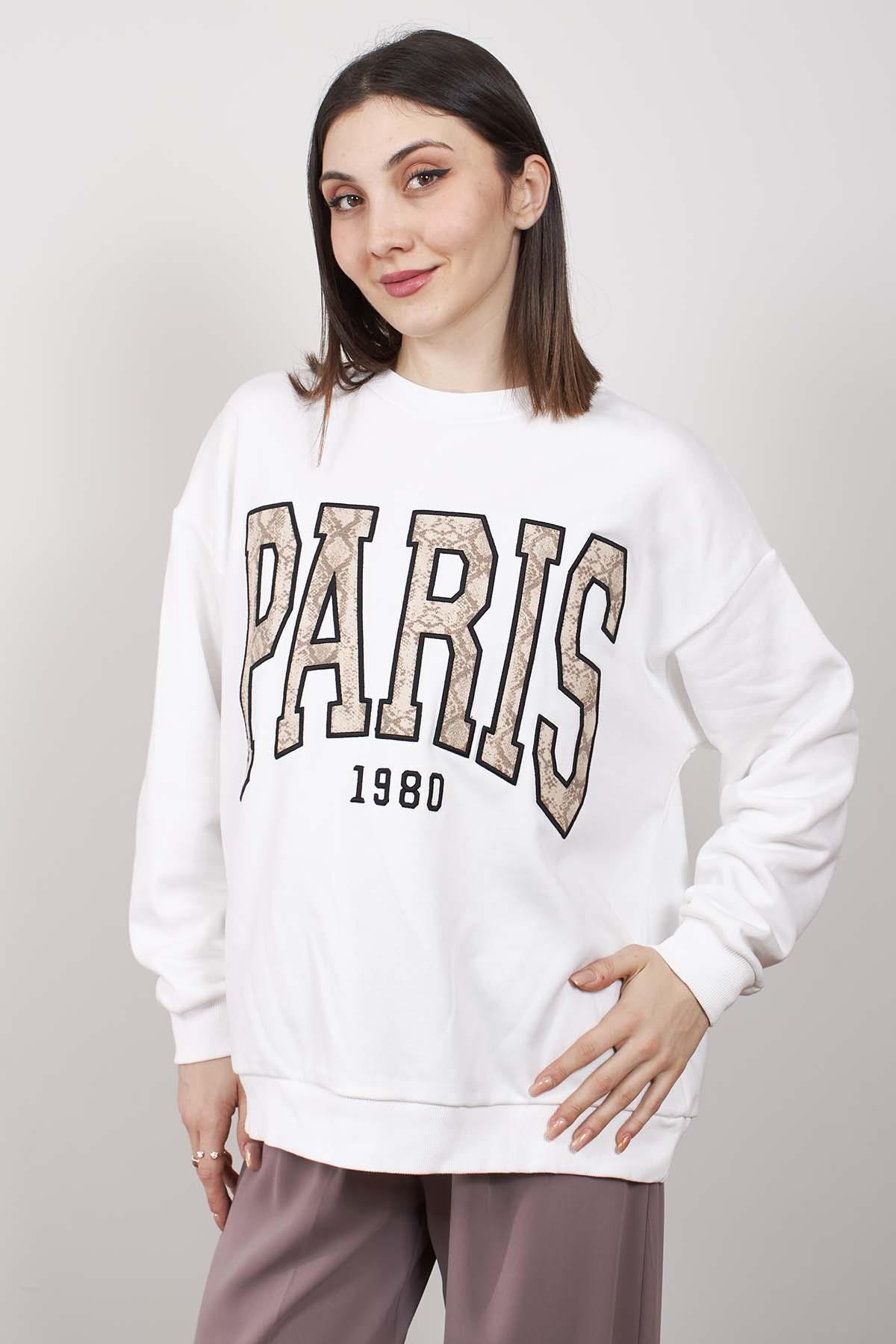 Ekru Paris Nakışlı Oversize Kalıp Şardonsuz Sweatshirt