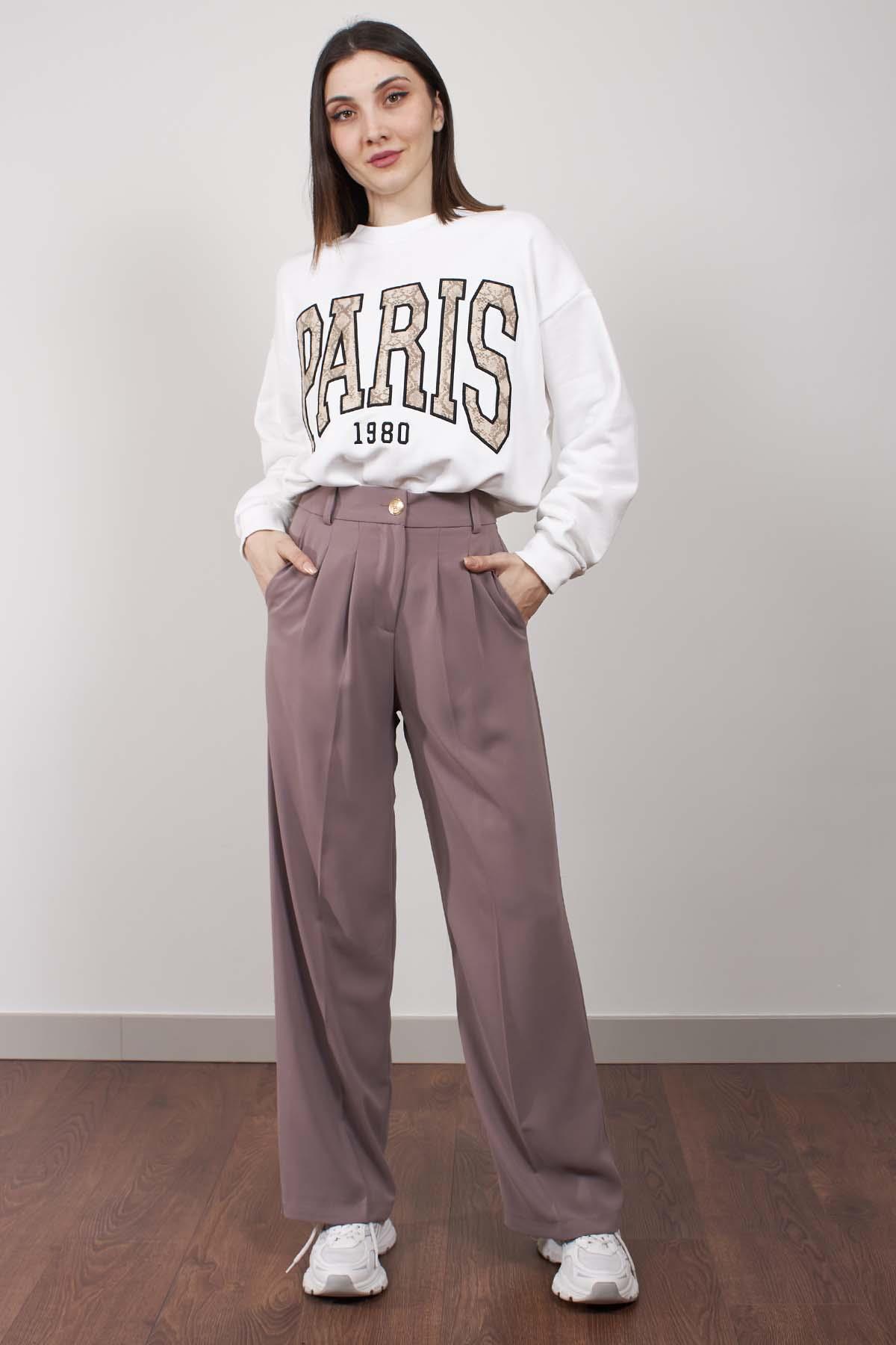 Ekru Paris Nakışlı Oversize Kalıp Şardonsuz Sweatshirt