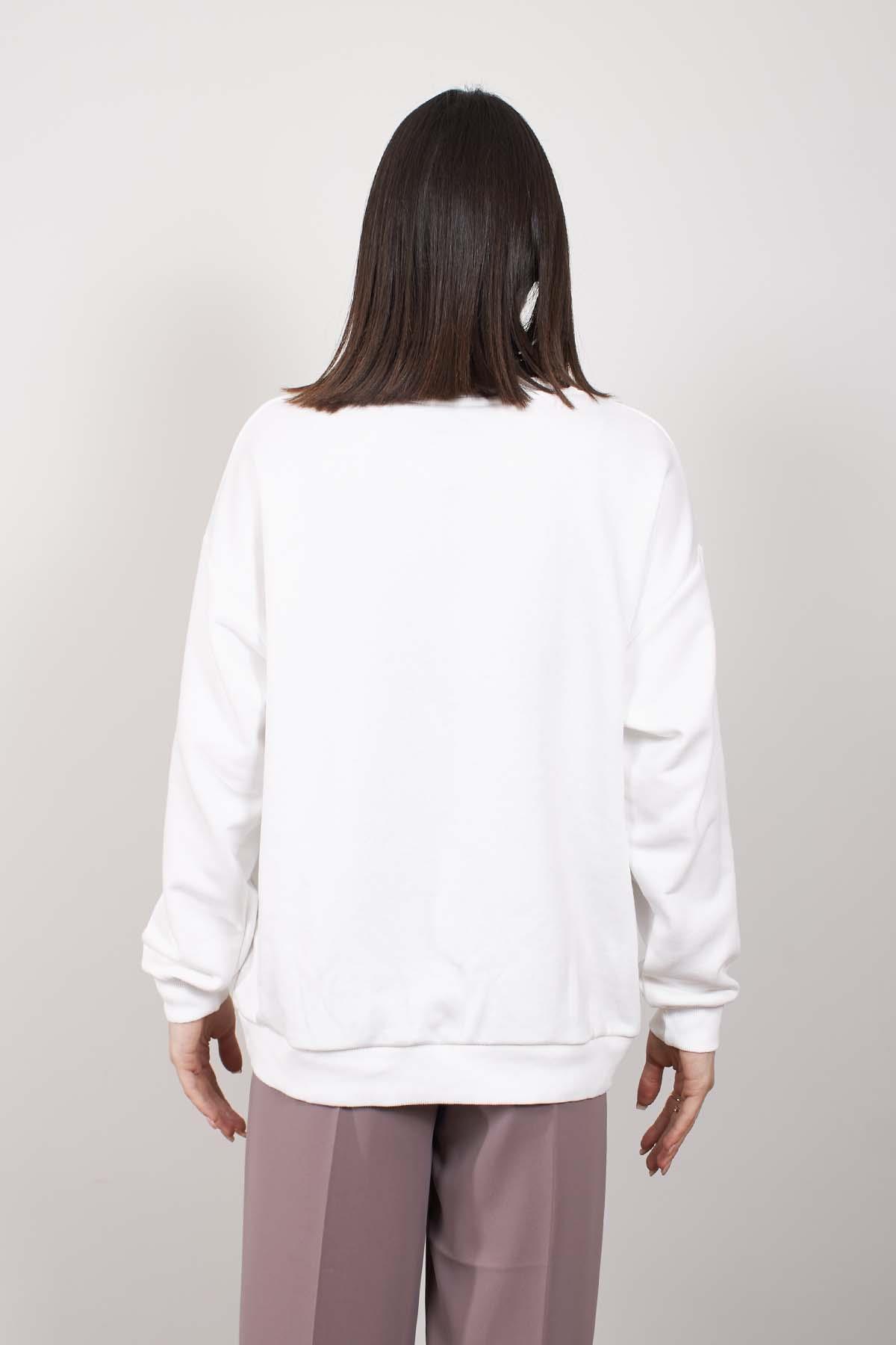 Ekru Paris Nakışlı Oversize Kalıp Şardonsuz Sweatshirt