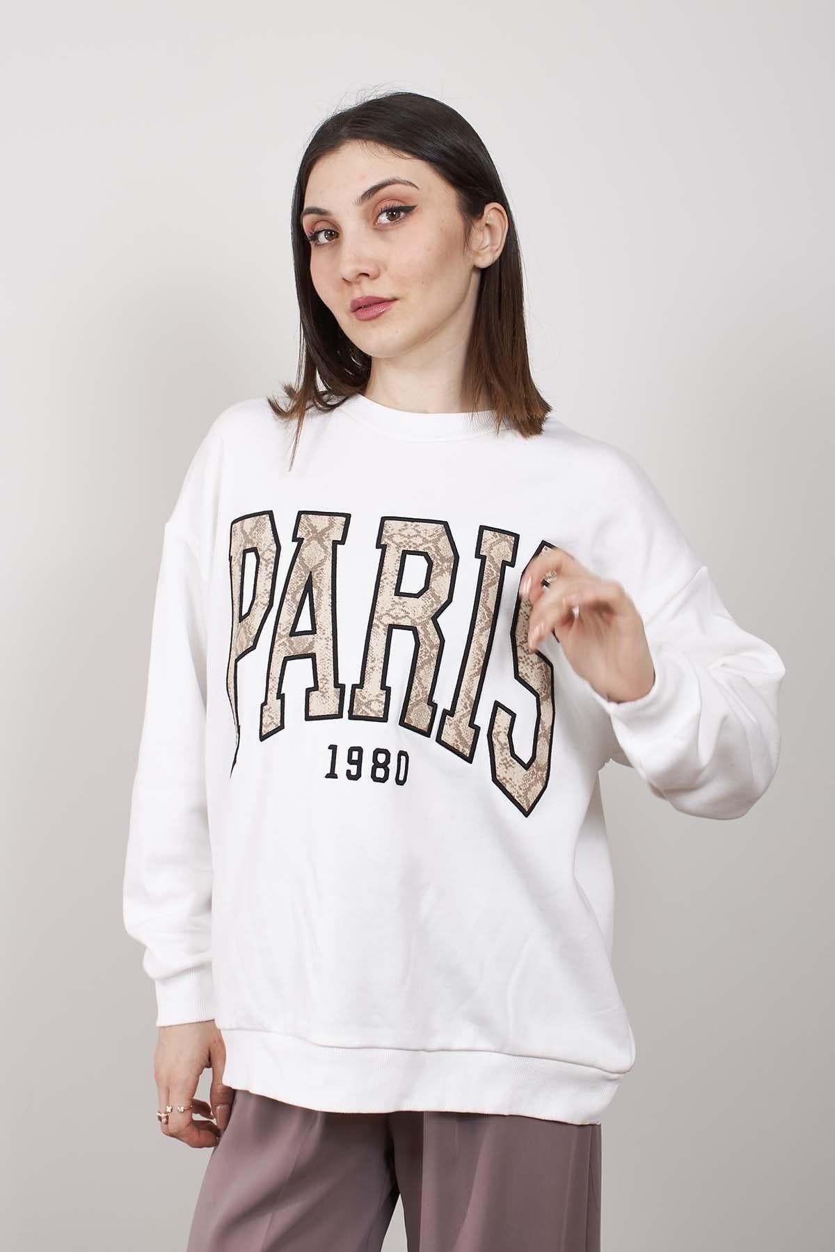 Ekru Paris Nakışlı Oversize Kalıp Şardonsuz Sweatshirt