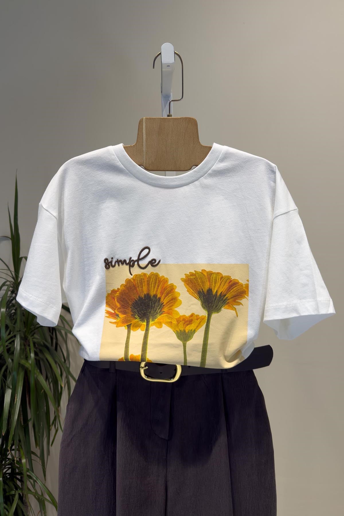 Ekru Sonbahar Çiçek Baskılı T Shirt