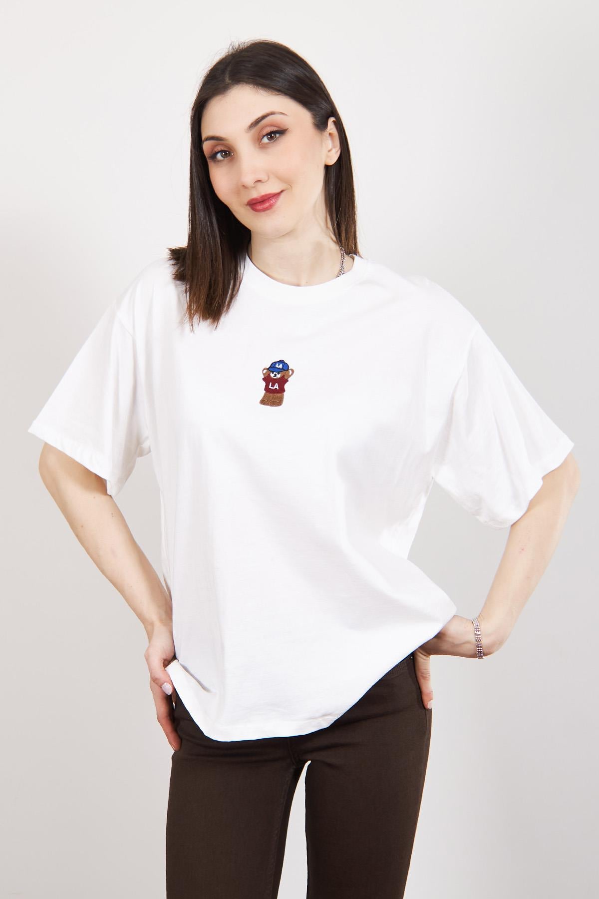 Ekru Teddy Bear Nakışlı Oversize T Shirt