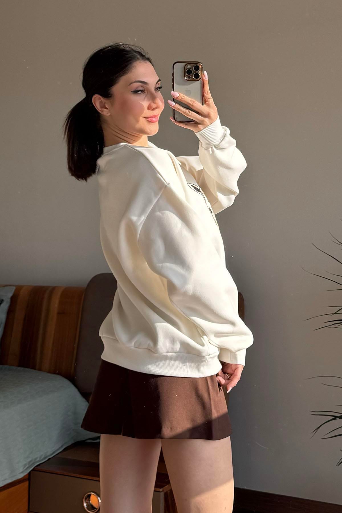 Ekru Twin Horse Nakışlı Sweatshirt