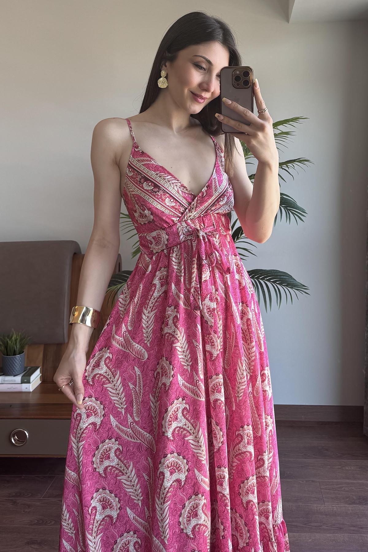 Fuşya Desenli İp Askılı Elbise