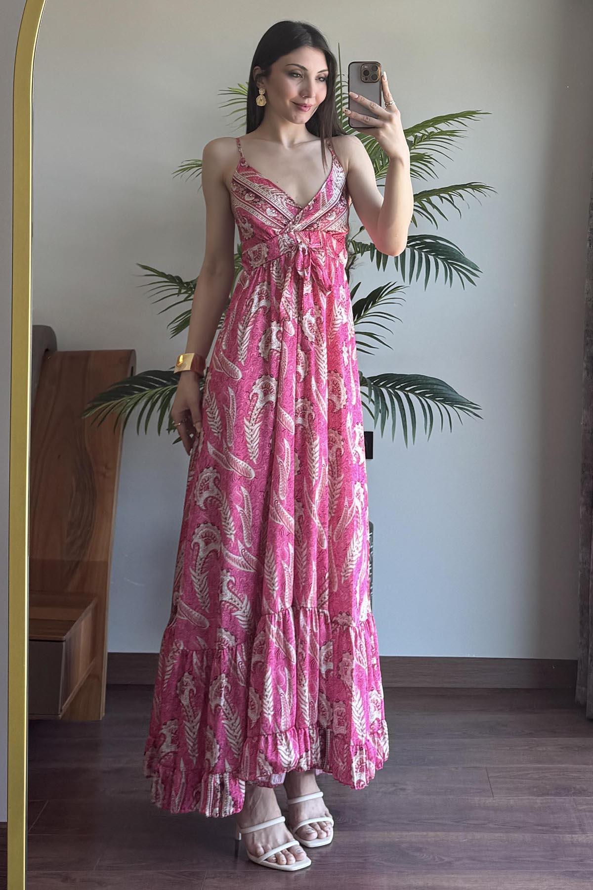 Fuşya Desenli İp Askılı Elbise