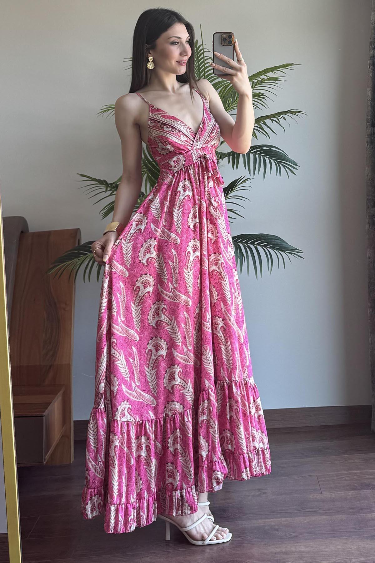 Fuşya Desenli İp Askılı Elbise
