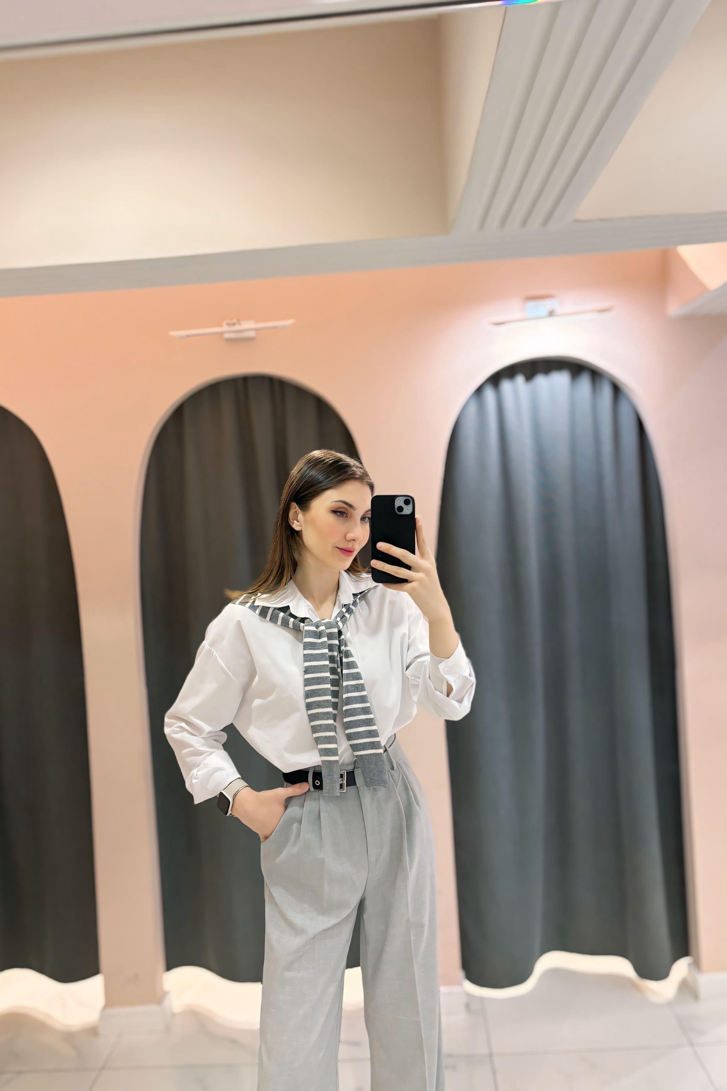 Gri Atkı Detaylı Gömlek Triko Takım