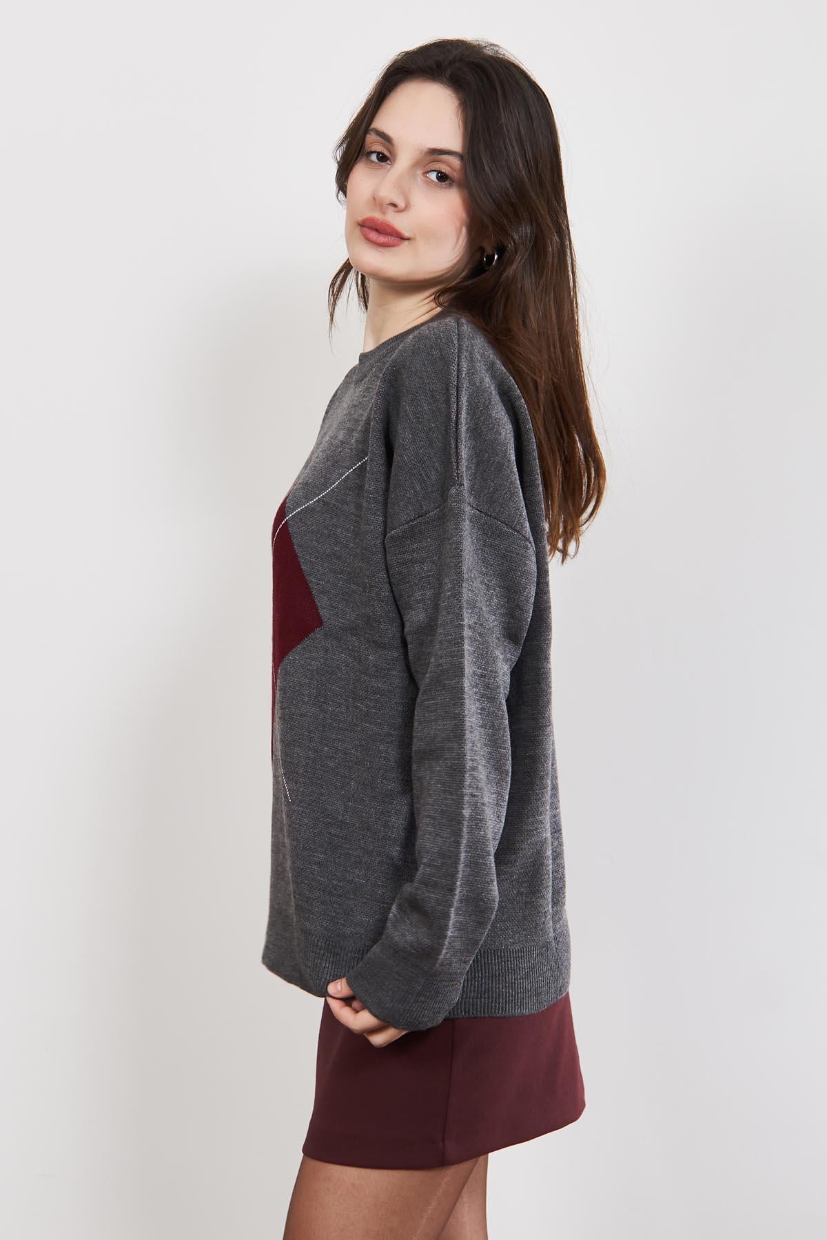 Gri Bordo Fleap Oversize Bisiklet Yaka Kazak
