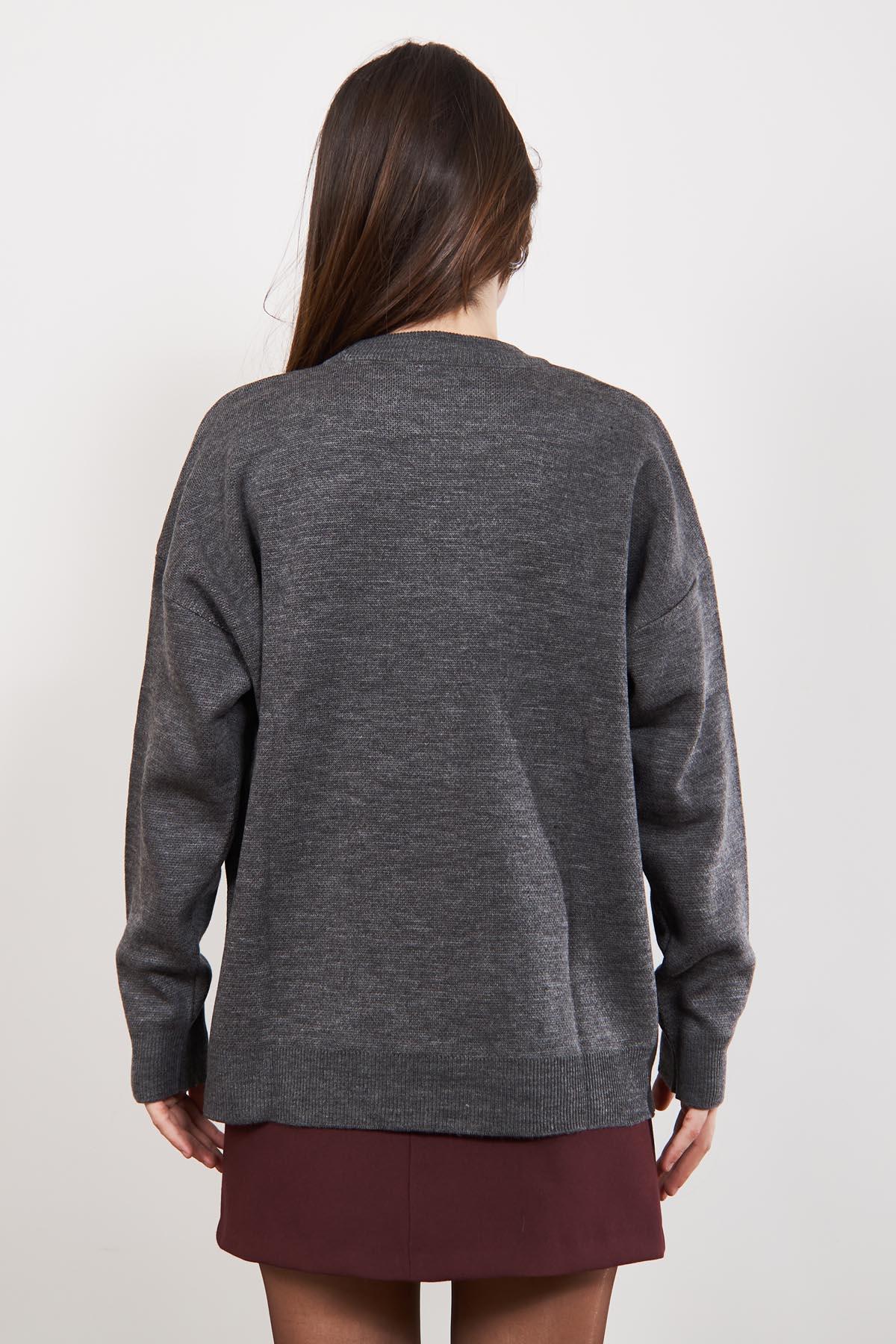 Gri Bordo Fleap Oversize Bisiklet Yaka Kazak