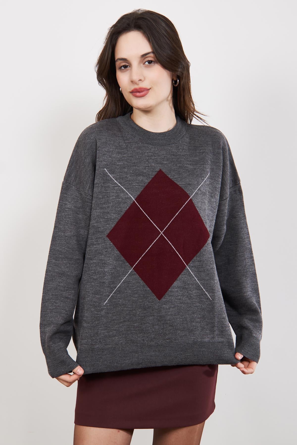 Gri Bordo Fleap Oversize Bisiklet Yaka Kazak