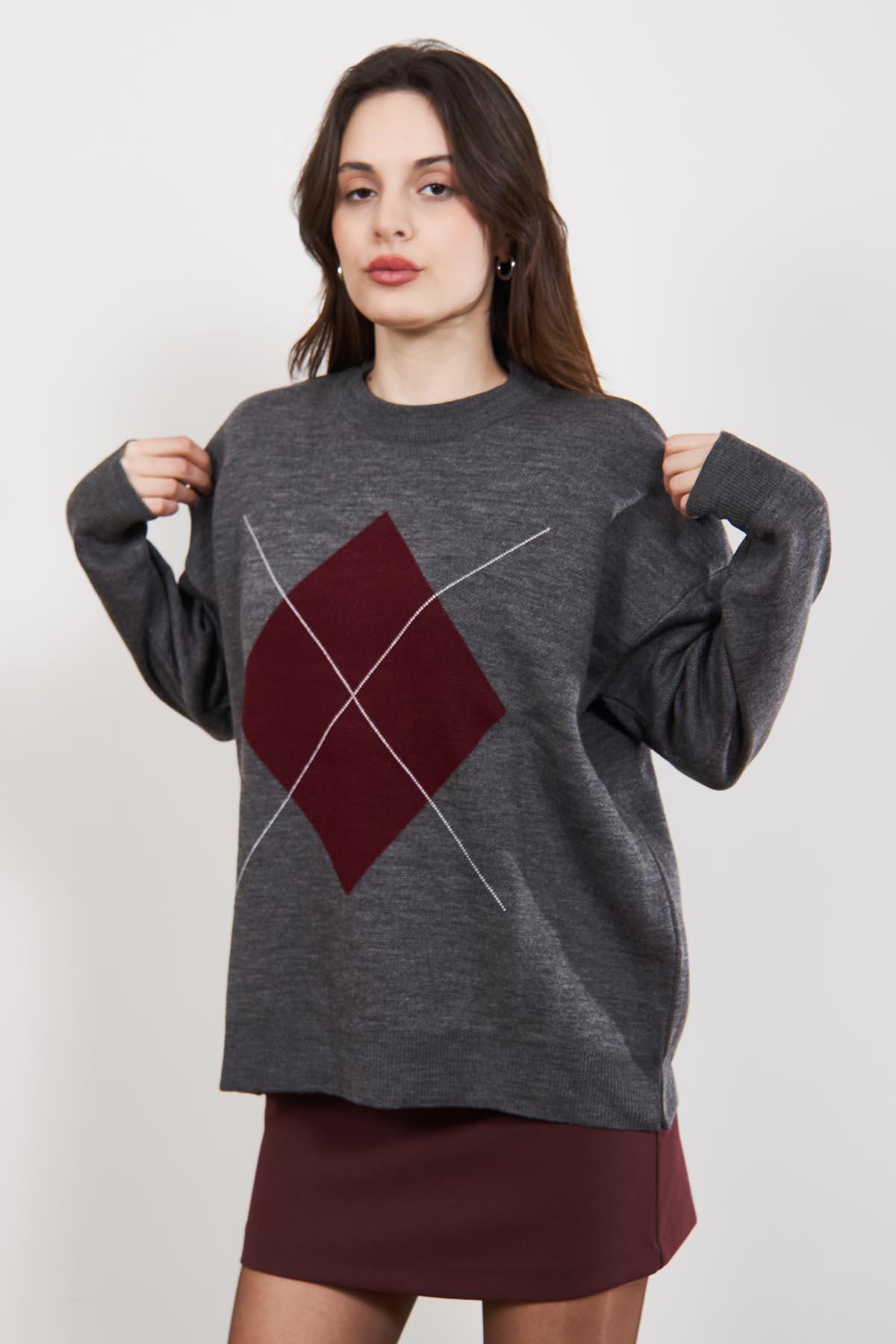 Gri Bordo Fleap Oversize Bisiklet Yaka Kazak