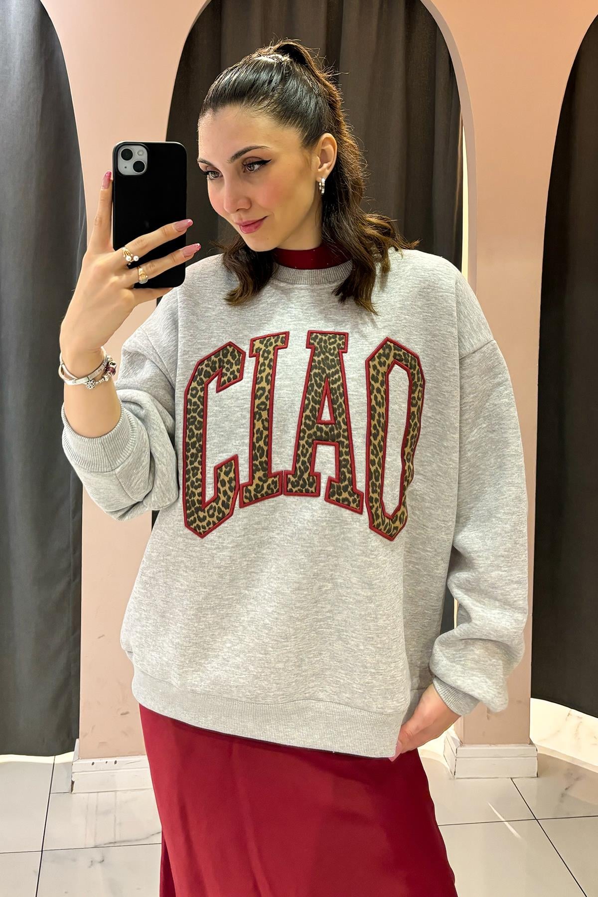 Gri CIAO Leopar Baskılı Sweatshirt