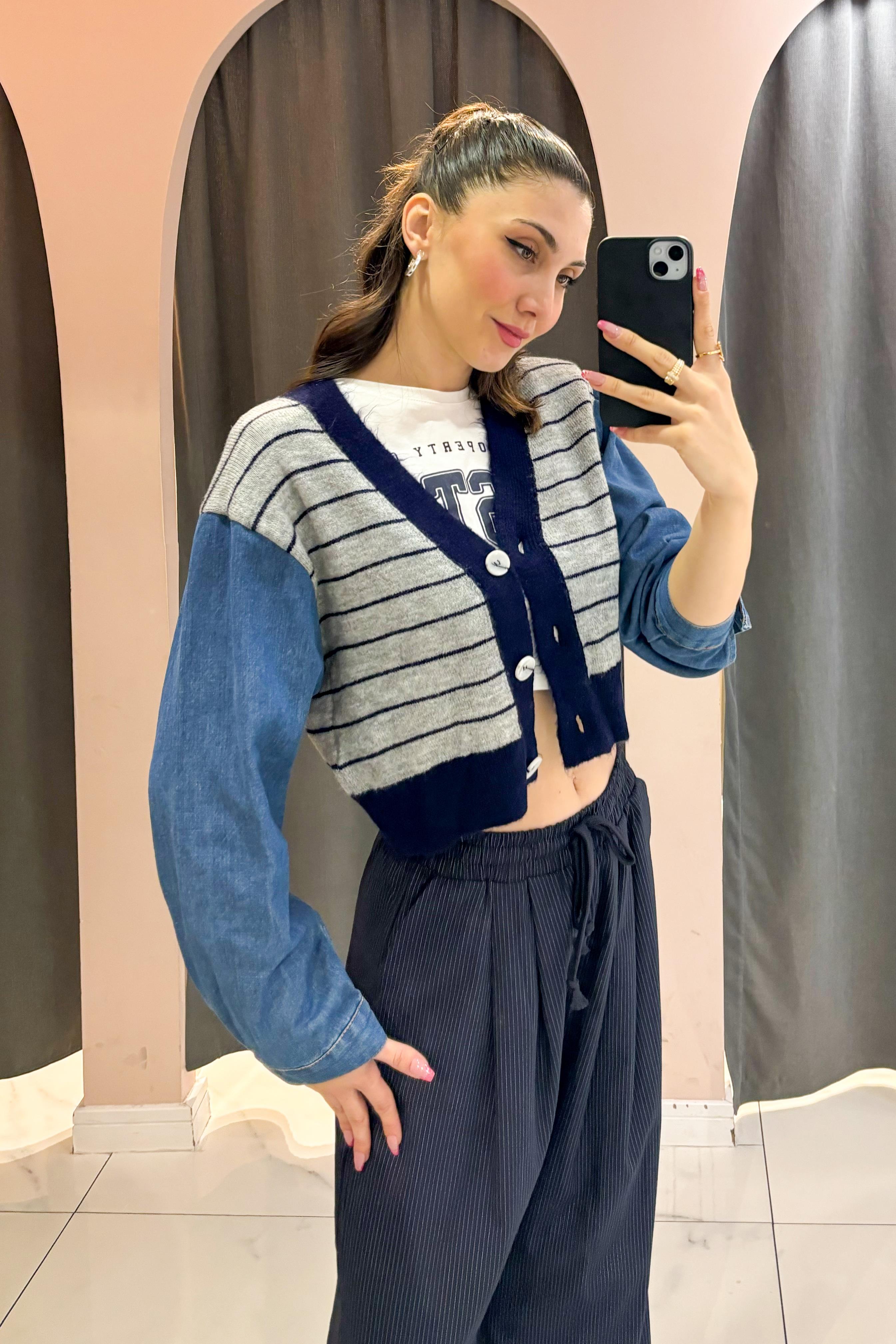 Gri Kolu Denim Garnili Triko Hırka