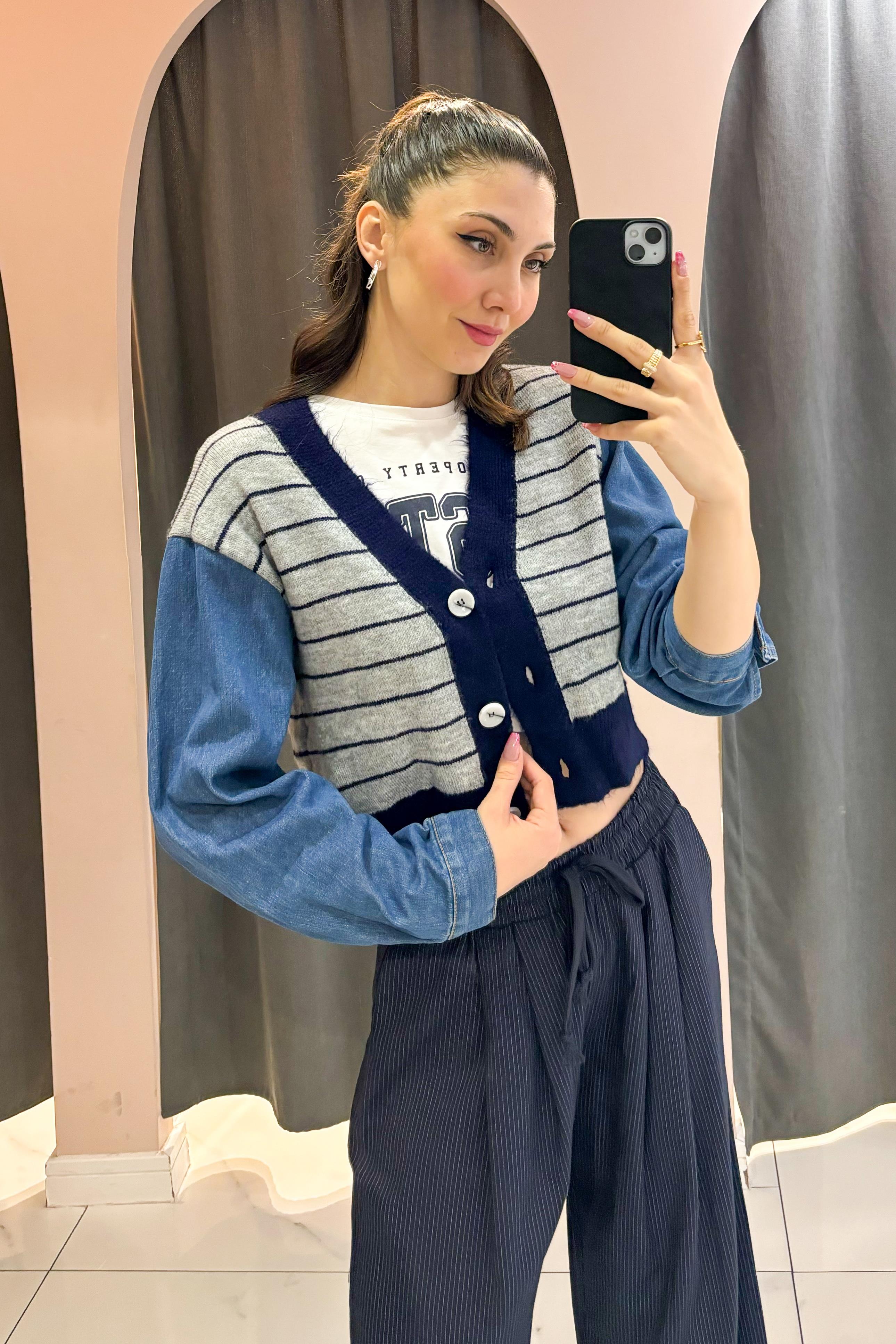 Gri Kolu Denim Garnili Triko Hırka