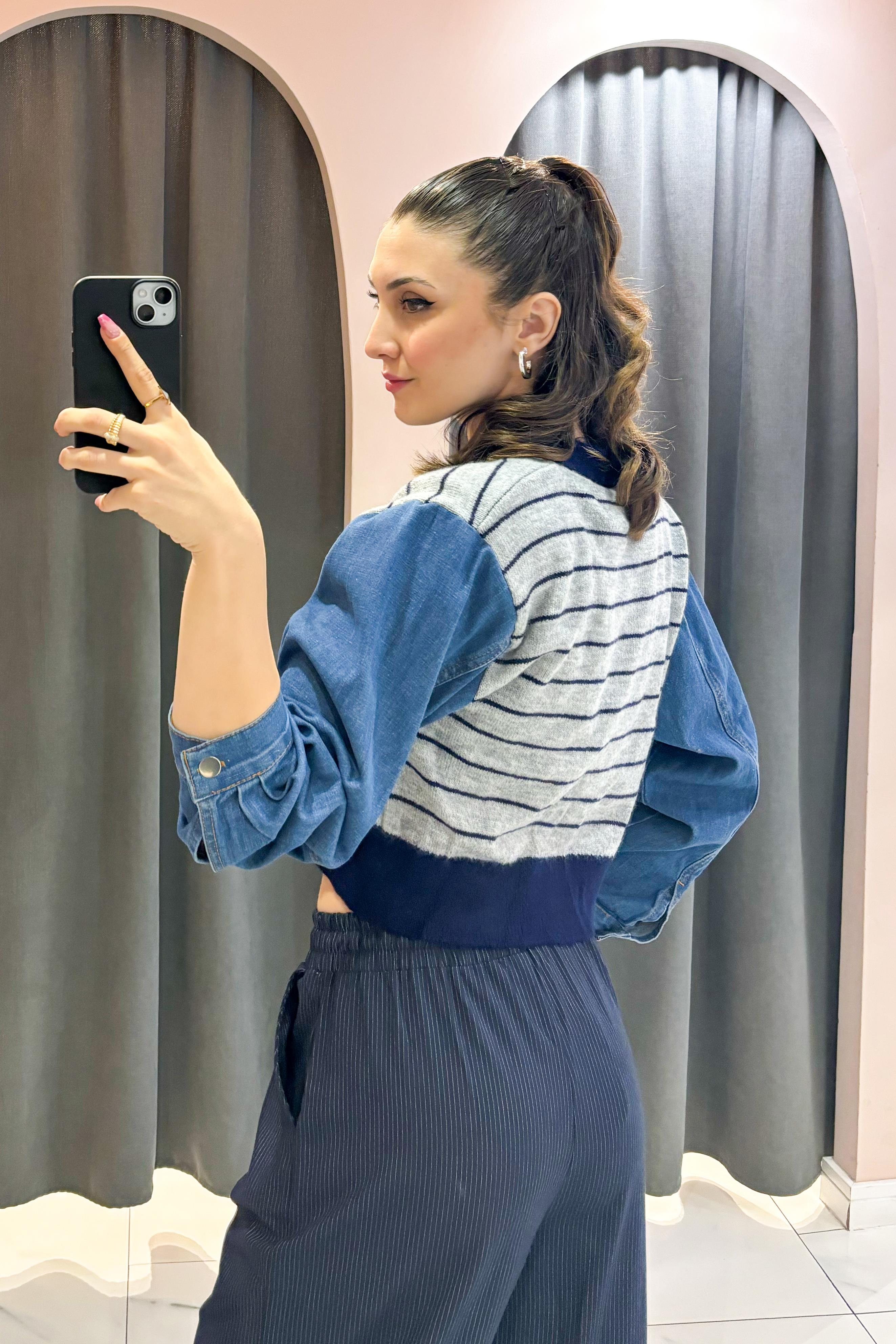 Gri Kolu Denim Garnili Triko Hırka