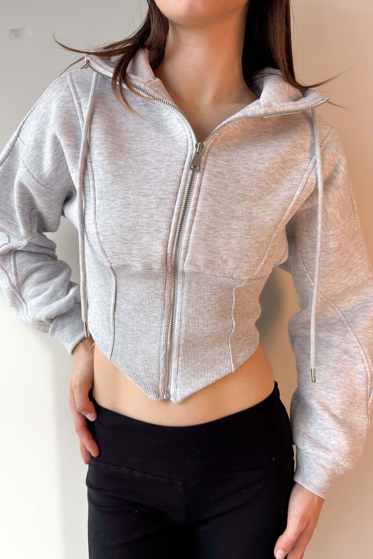 Gri Korse Görünümlü Fermuarlı Sweatshirt