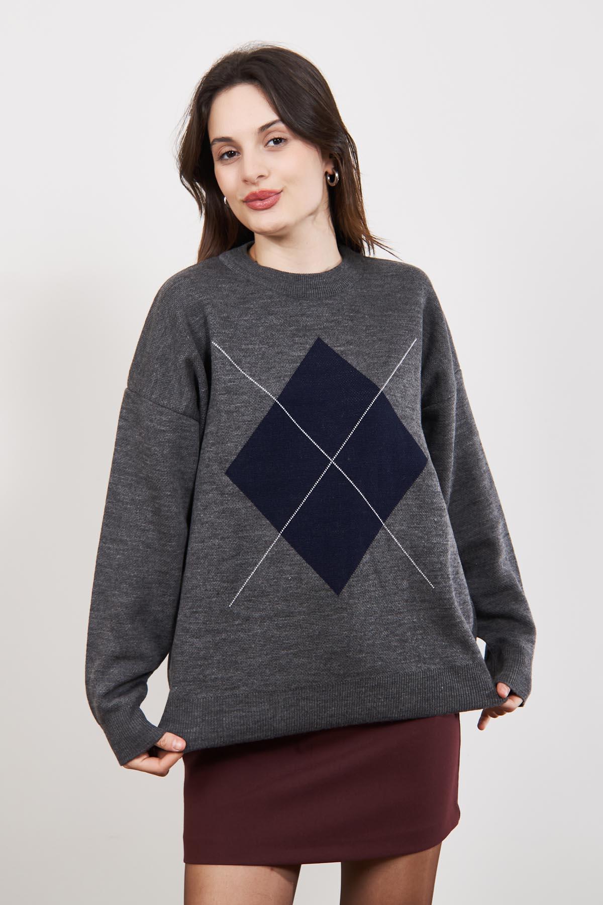 Gri Lacivert Fleap Oversize Bisiklet Yaka Kazak
