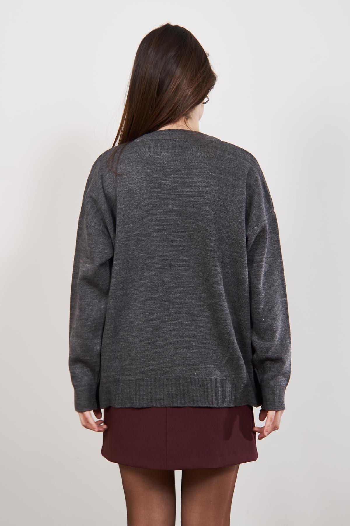 Gri Lacivert Fleap Oversize Bisiklet Yaka Kazak
