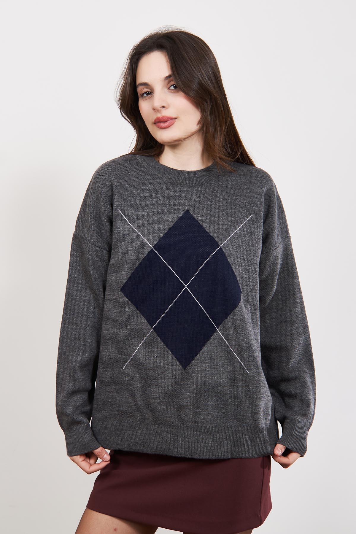 Gri Lacivert Fleap Oversize Bisiklet Yaka Kazak