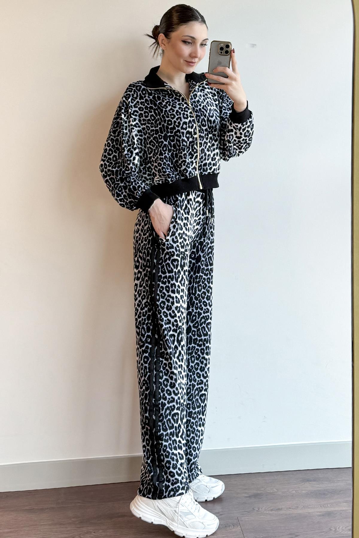 Gri Leopar Desenli Pantolon ve Ceket Takım