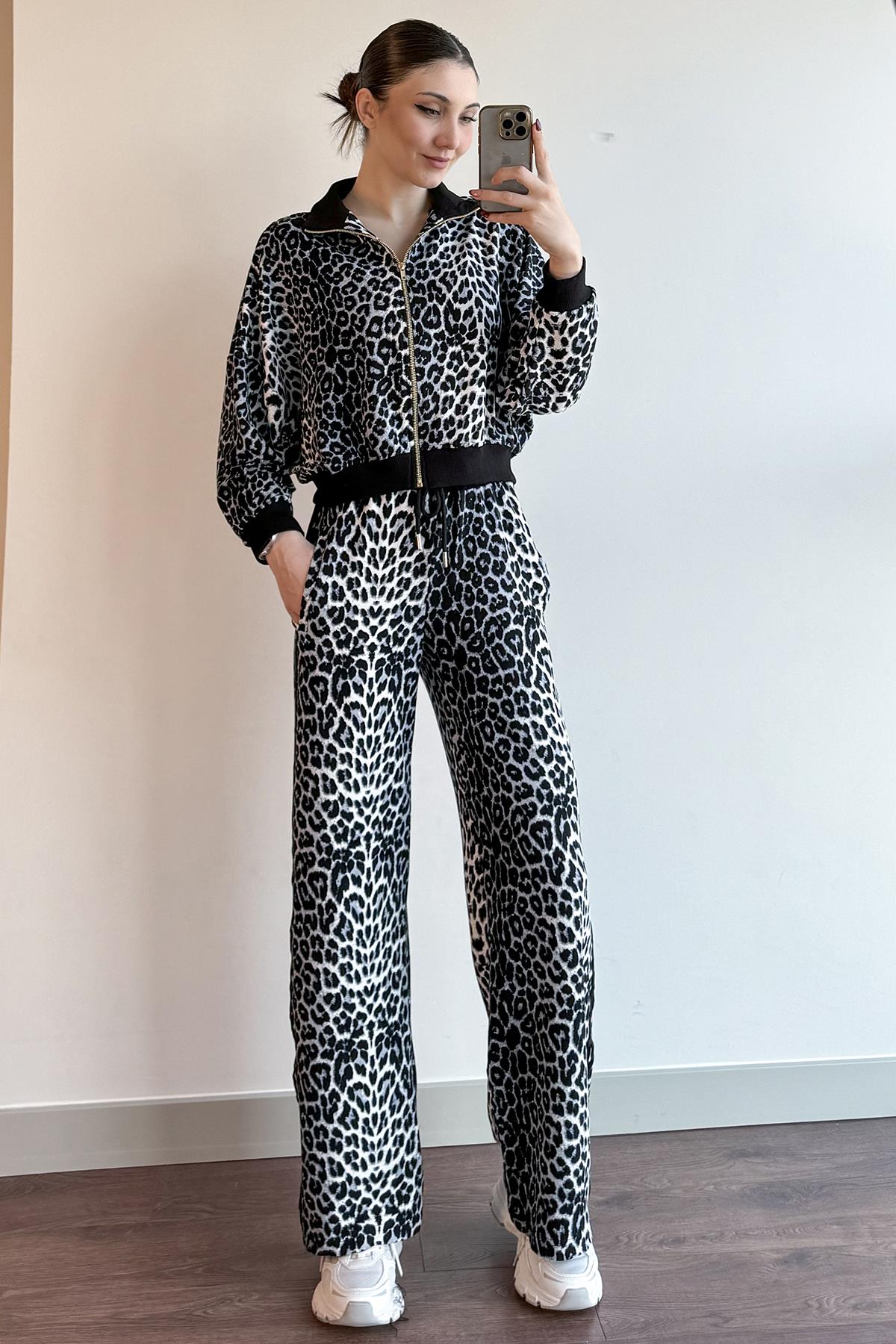 Gri Leopar Desenli Pantolon ve Ceket Takım