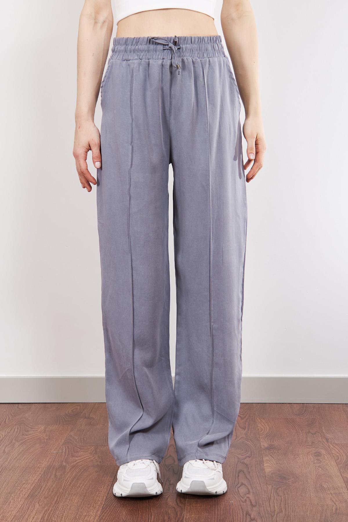 Gri MD Beli Lastikli Tencel Palazzo Pantolon