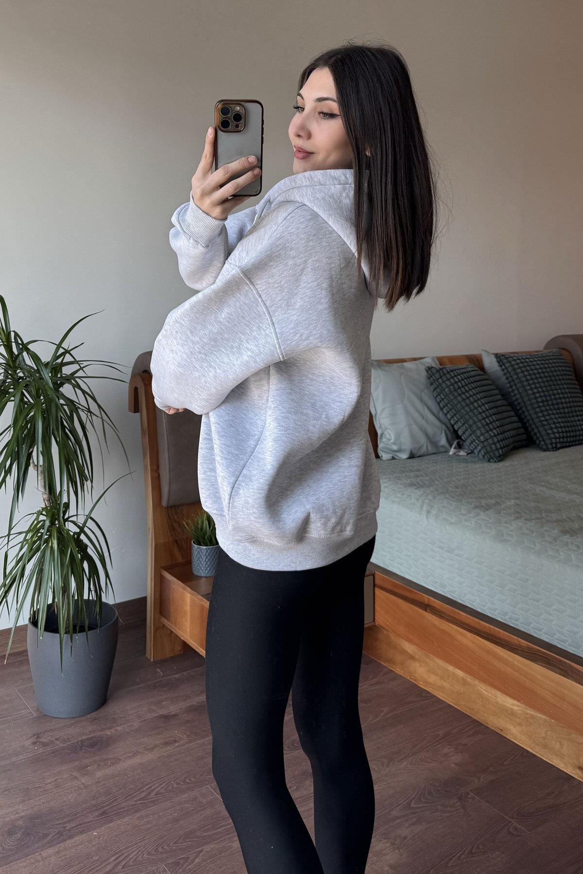 Gri Oversize Kapüşonlu Fermuarlı Hoodie