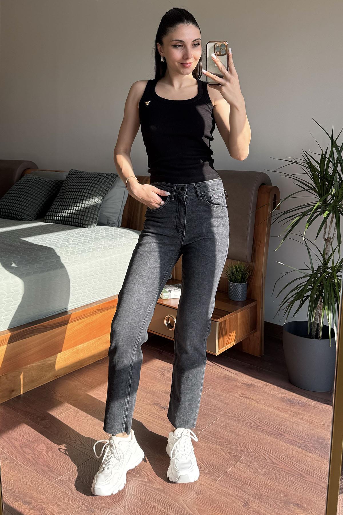 Gri Paça Kesik Boyfit Jean