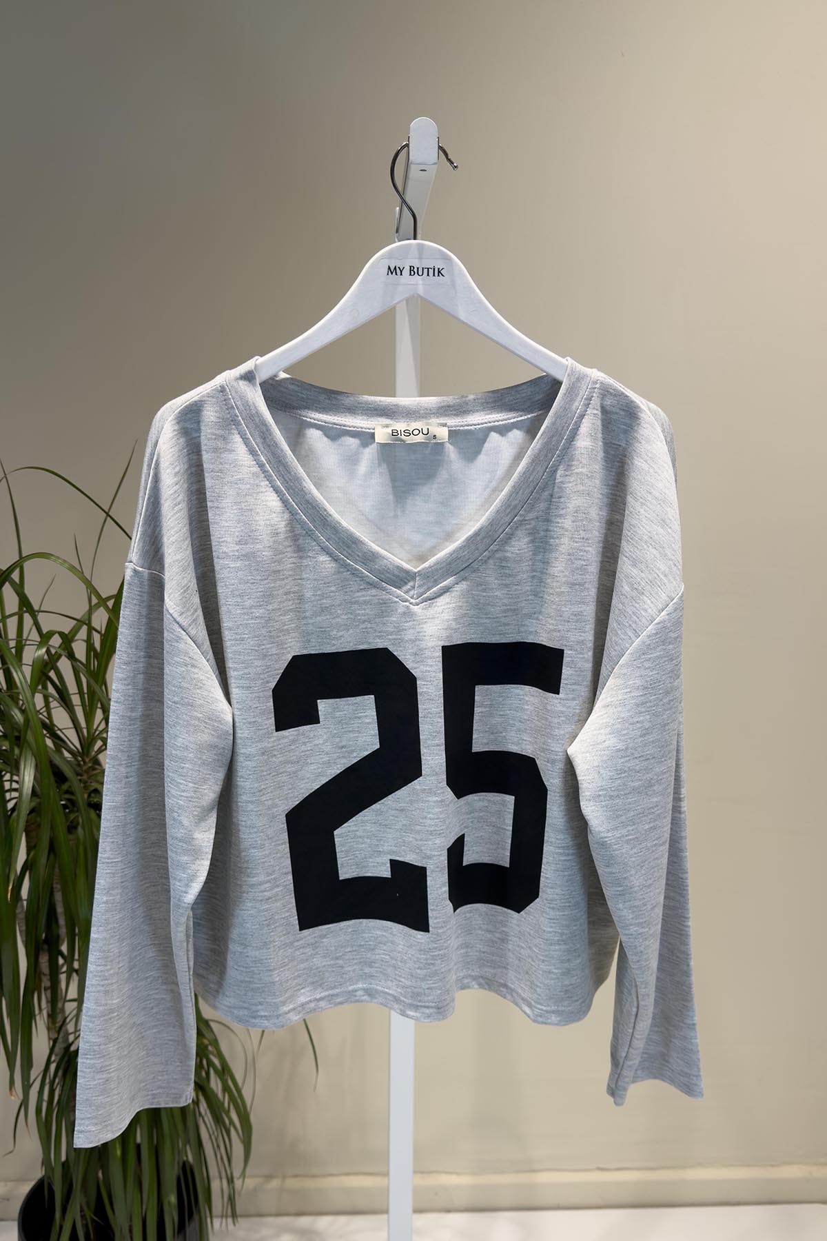 Gri V Yaka Crop İnce Uzunkollu Sweatsihrt