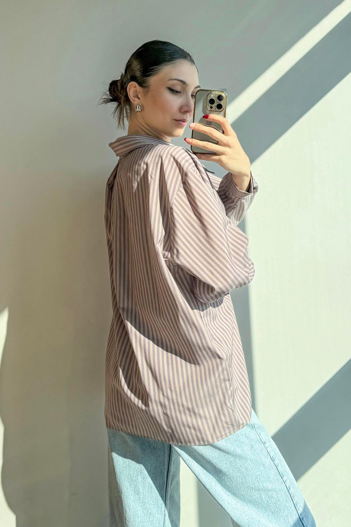 Gül Kurusu Çizgili Oversize Gömlek