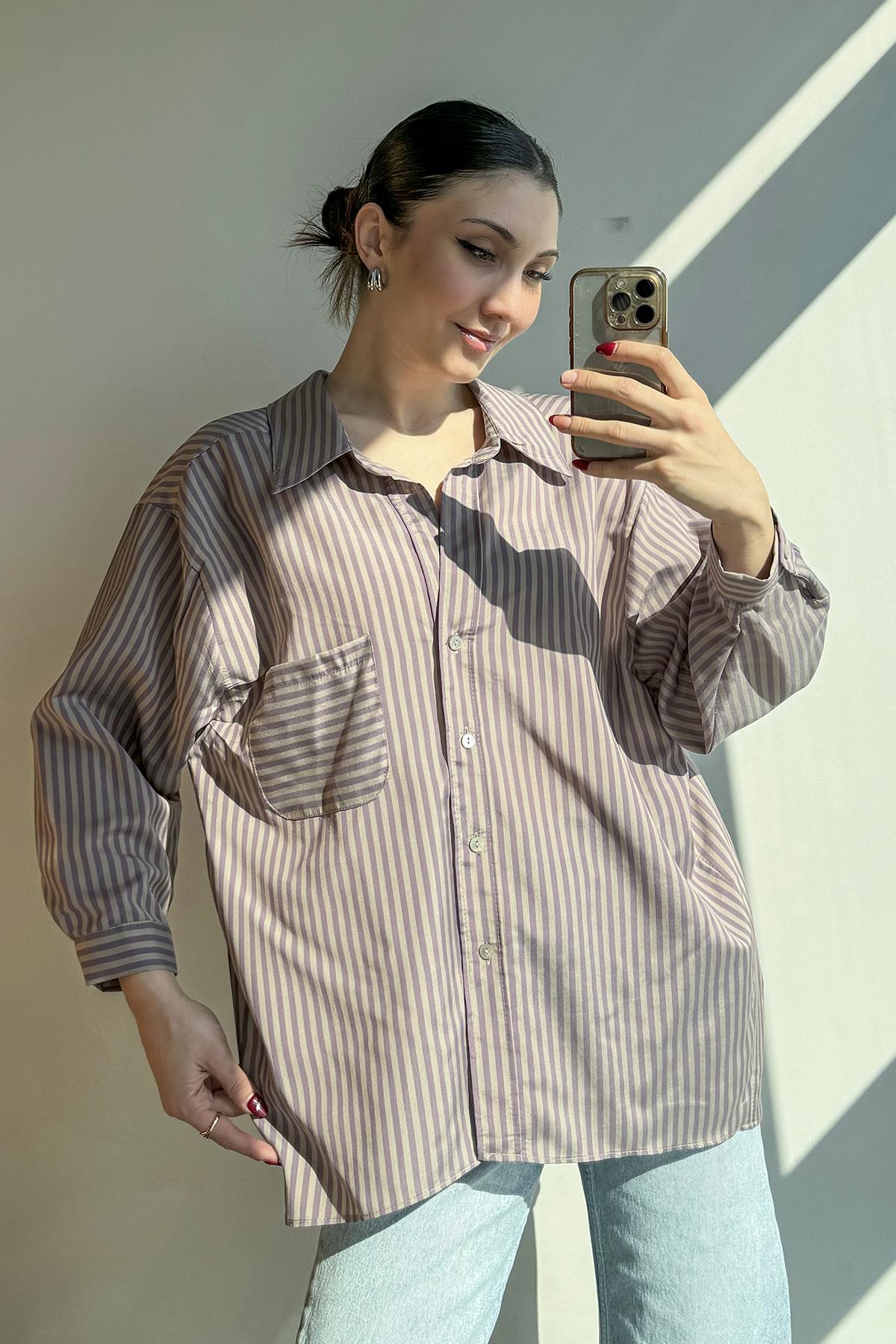Gül Kurusu Çizgili Oversize Gömlek