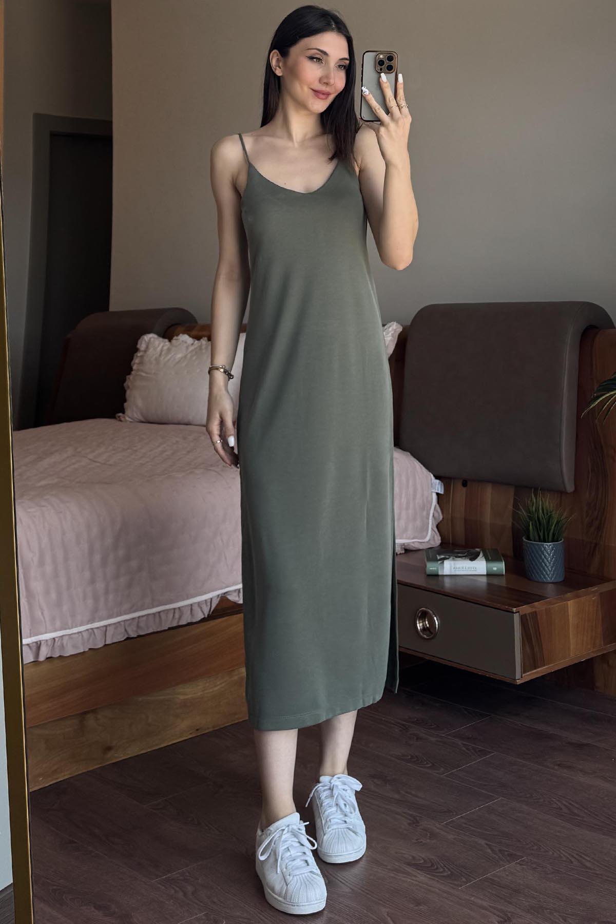 Haki Askılı Pike Modal Elbise