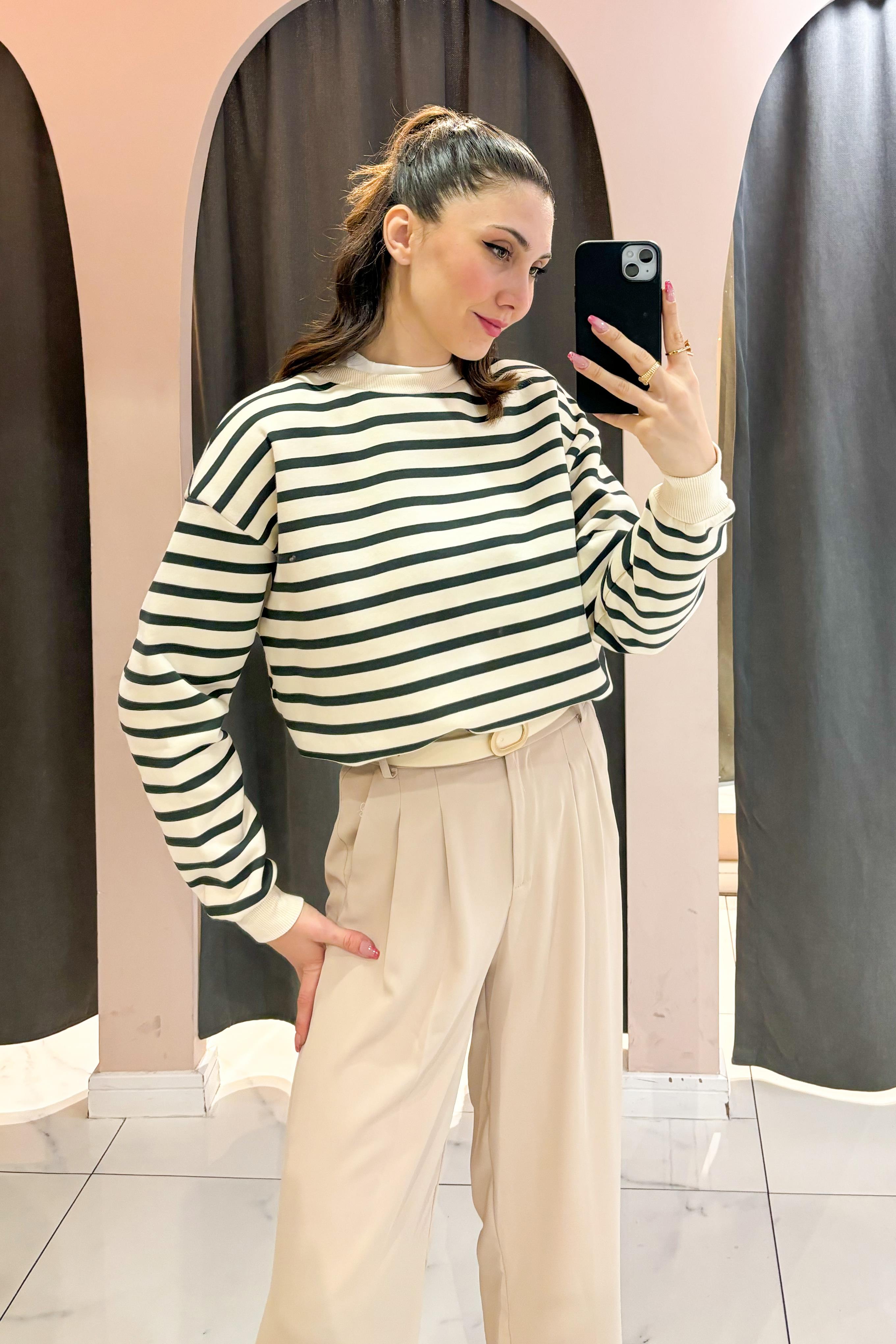 Haki Çizgili Sweatshirt