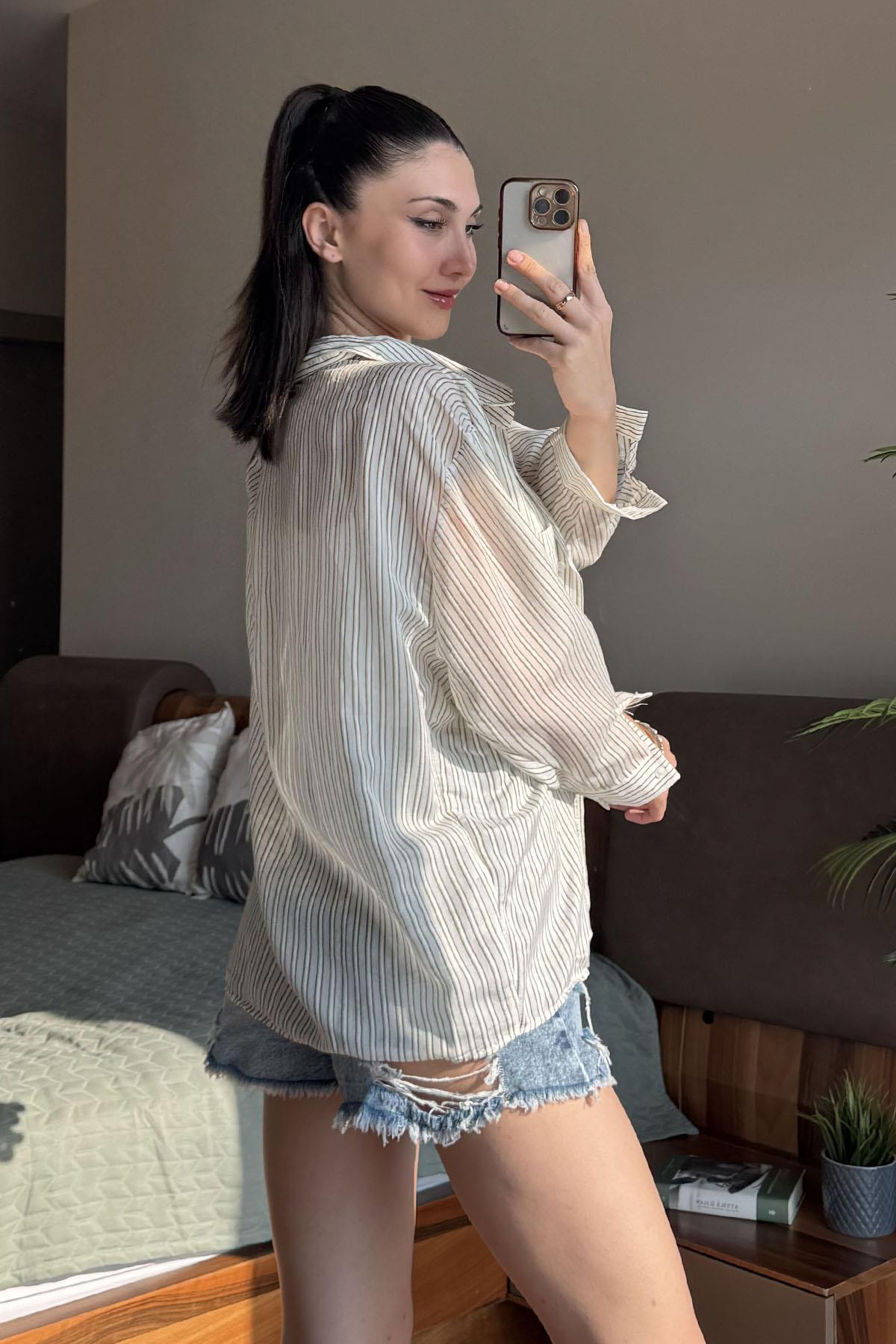 Haki Düşük Omuzlu Gömlek